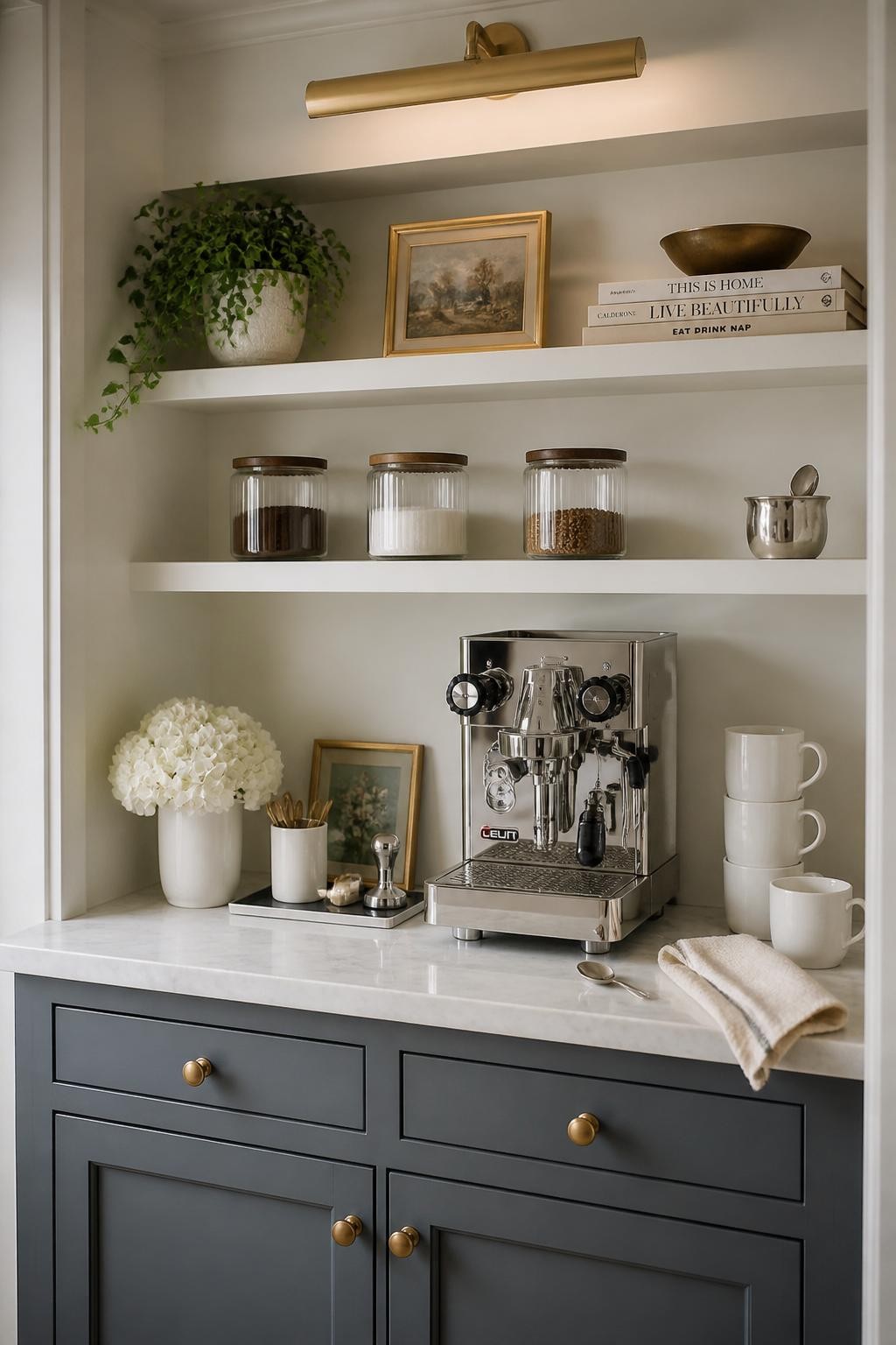 A realistic DSLR photo of an elegant coffee bar hutch with a marble-look countertop, soft gray-blue cabinet base, open white shelves, compact chrome espresso machine, white mugs, ribbed glass jars, small silver spoon, folded cream linen towel, warm brass picture light above, soft daylight, polished kitchen nook styling, no people.