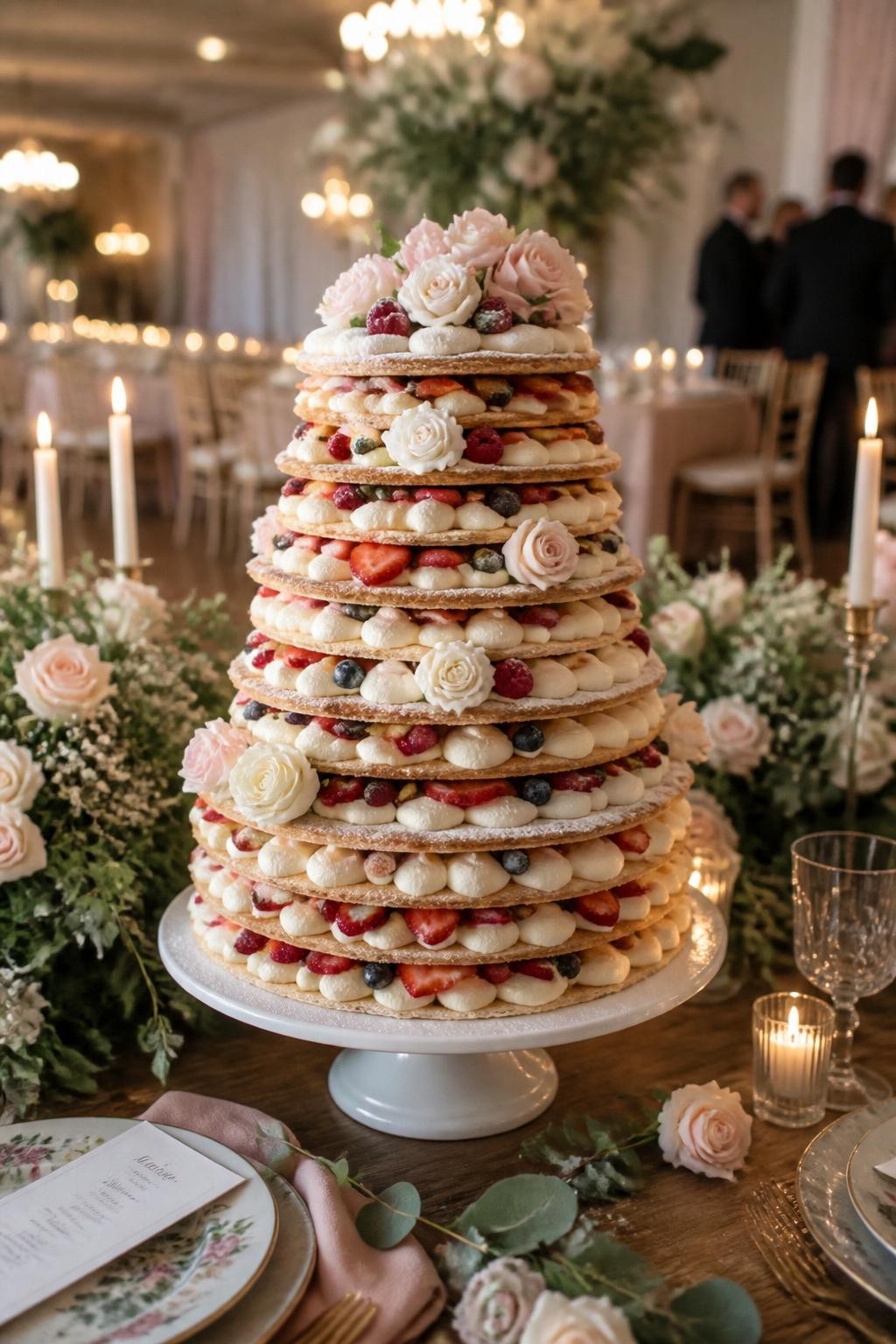Image Prompt: Ultra-realistic wedding party scene featuring a mille-feuille inspired wedding cake or stacked pastry-style wedding cake with delicate layers, cream filling, fresh berries, and light floral styling. Place the cake on a stylish reception table with candles, florals, elegant dinnerware, and a real wedding venue in the softly blurred background. Keep the cake front and center. No visible faces. If people appear, show only hands, side views in blur, back views, or cropped neck-down figures. Realistic pastry texture, fresh cream detail, soft natural wedding lighting, editorial DSLR quality. (no watermarks on images)