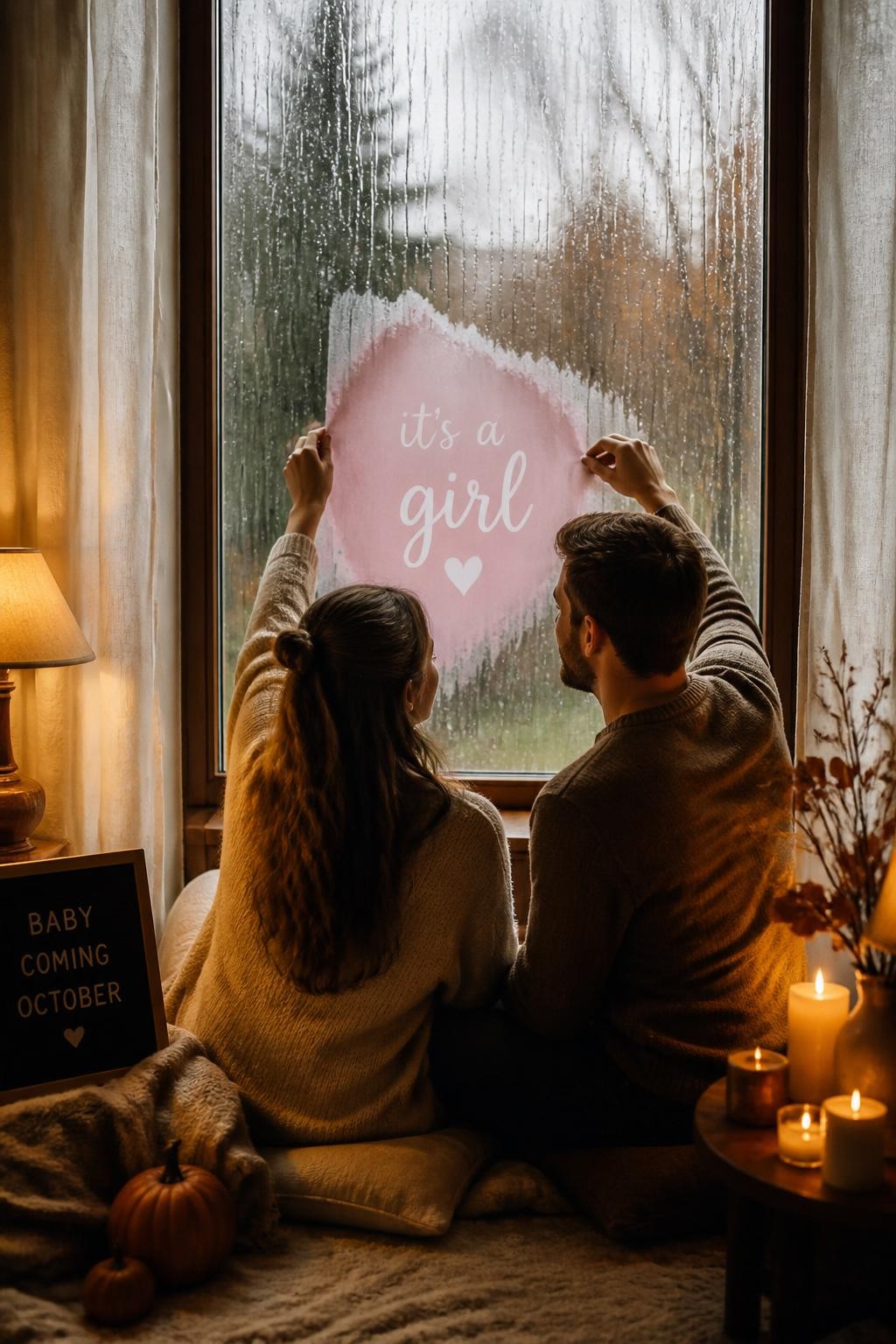 A realistic editorial photo of a cozy indoor October gender reveal by a large rain-streaked window, cream curtains, warm lamps, candles, soft blankets, parents wiping or peeling a covered section of the glass to reveal a baby message in one soft color, intimate autumn home setting, vertical DSLR image