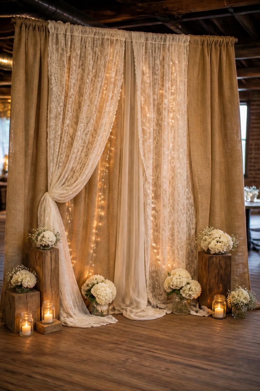 Image Prompt:
A single realistic editorial-style photo of a rustic party backdrop with layered burlap fabric and ivory lace draped from ceiling to floor, soft white flowers at the base, warm string lights behind the fabric, wooden plinths, candle jars, cozy indoor event venue, no people, no faces, warm soft lighting, realistic rustic event photography, no text, no watermark.