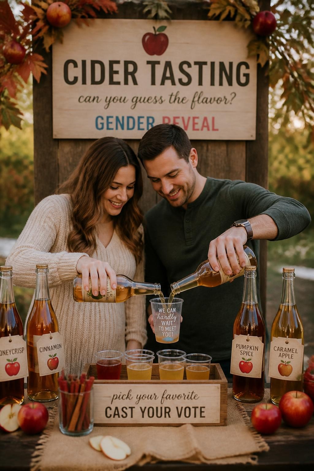 A realistic editorial photo of a fall gender reveal apple cider tasting table, glass cider bottles, cinnamon sticks, sliced apples, mini tasting cups, kraft paper labels, parents pouring cider into one special clear cup that reveals a hidden color detail at the bottom, cozy orchard-inspired decor, warm natural light, vertical DSLR photography