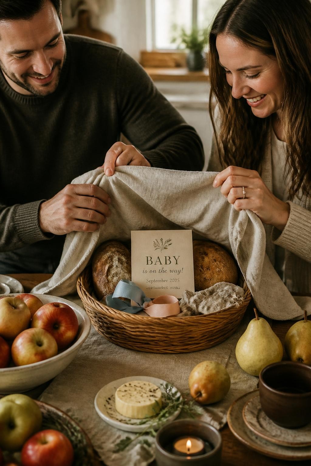 A realistic editorial photo of a cozy September gender reveal table with a rustic bread basket, linen cloth, warm sourdough, herb butter, apples, pears, ceramic dishes, parents lifting the linen to reveal a hidden baby message card and soft color ribbon, warm kitchen light, editorial food photography