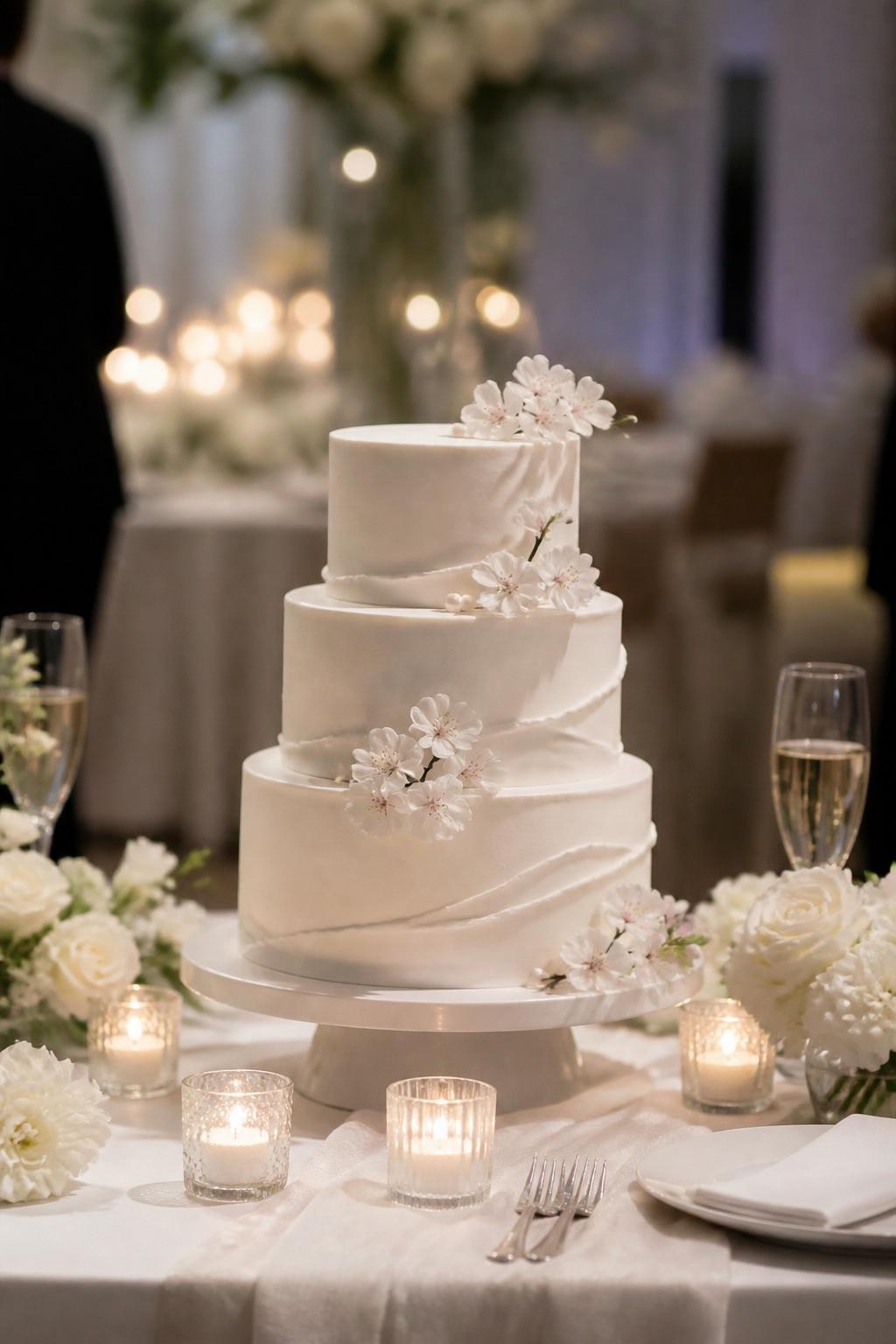 Image Prompt: Ultra-realistic wedding party scene featuring a minimal Japanese-inspired wedding cake with smooth white tiers, clean lines, subtle texture, and a refined, elegant finish. Keep the design simple and calm with only a few delicate floral accents or soft pearl details. Place the cake on an elegant reception cake table with candles, white flowers, champagne glasses, fine linens, and a softly blurred modern wedding venue background. Keep the cake front and center. No visible faces. If guests appear, show only hands, back views, side views in blur, or cropped neck-down figures. Realistic icing texture, clean minimal styling, soft romantic DSLR lighting. (no watermarks on images)