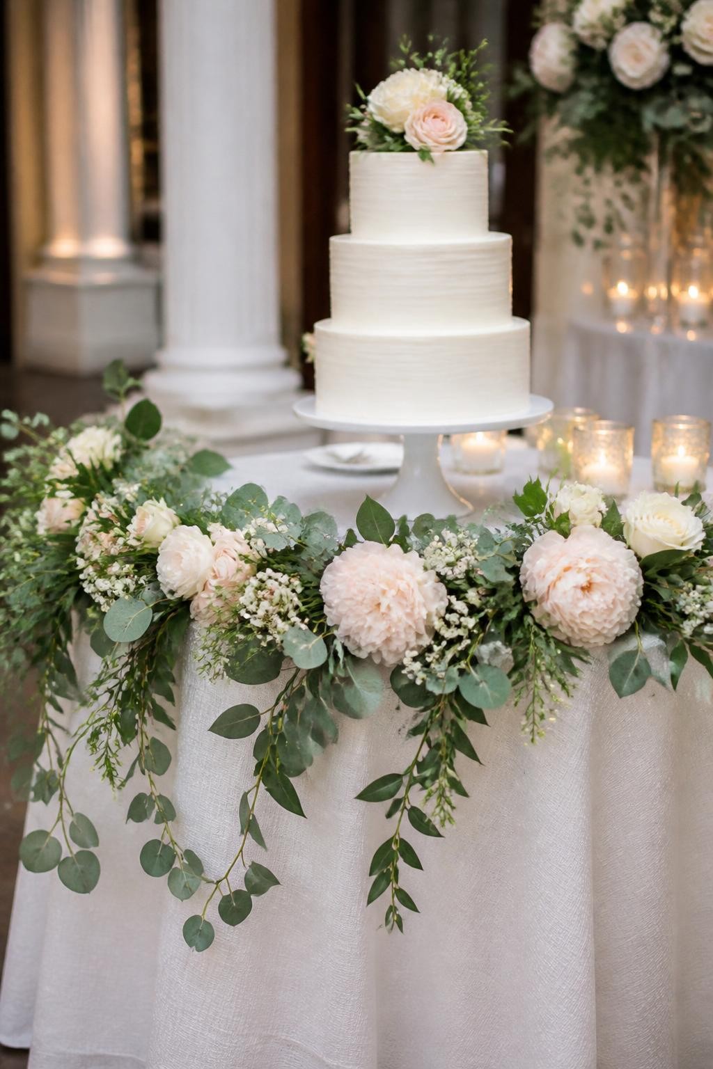 Detailed image prompt: A realistic DSLR-style photo of a wedding cake table with a soft floral garland draped along the table edge, ivory roses, blush peonies, eucalyptus, small white flowers, white three-tier cake on a pedestal, linen tablecloth, candles, elegant reception setting, no people, high detail.