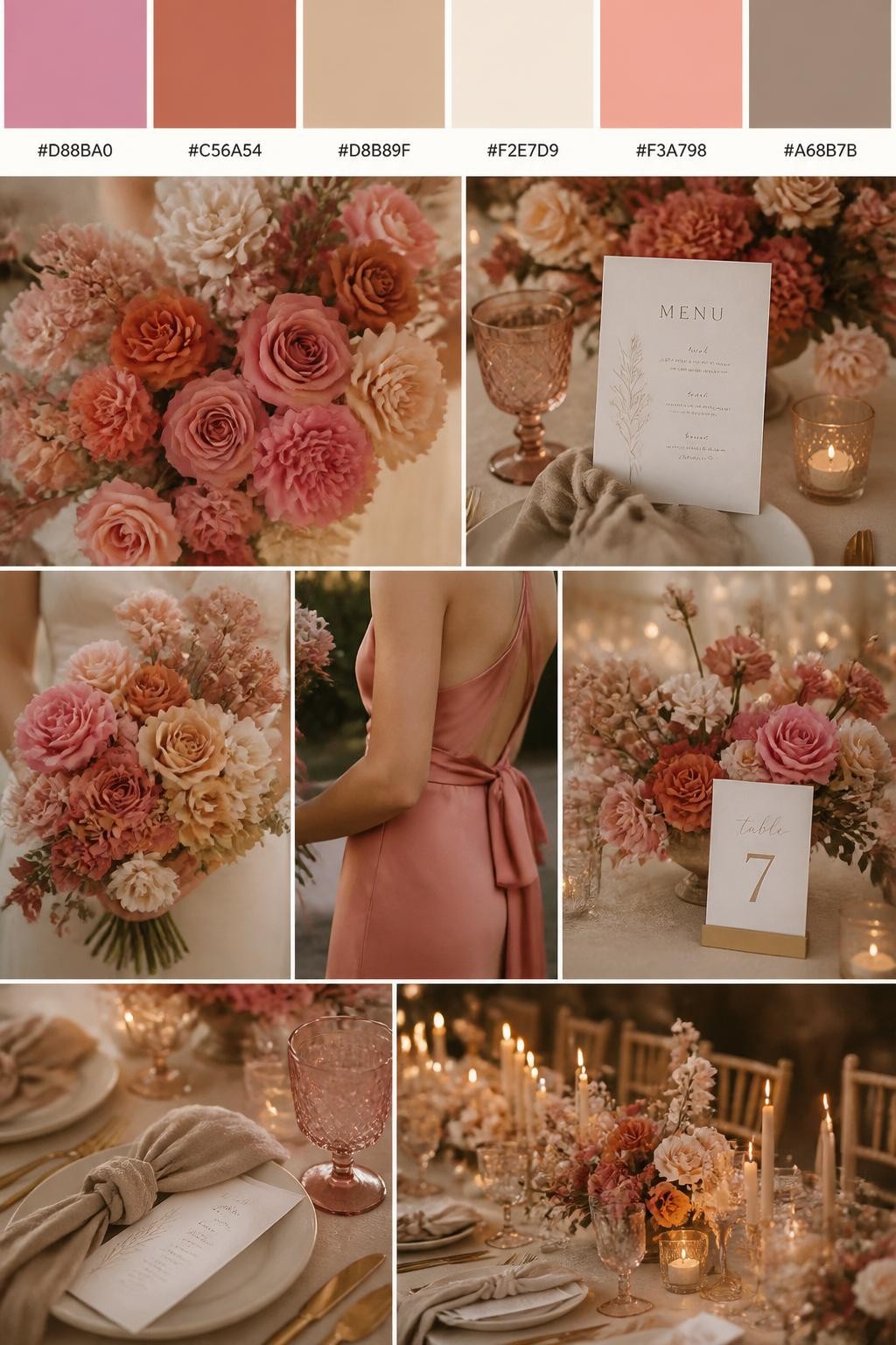 Image Prompt:
A realistic wedding mood board in a Pinterest-style collage layout. Add a top strip of swatches with small hex codes in warm pink, terracotta, beige, cream, soft coral, and warm taupe. Below, create a romantic collage with pink and terracotta flowers, beige table decor, menu cards, bouquet close-ups, a side-view body detail of a bridesmaid dress with no face shown, hands holding flowers, and no-people reception styling under soft candlelight. Avoid clear faces completely by using cropped, turned-away, or detail-only compositions. DSLR-style realism, 9:16 vertical format. (no watermarks on images)