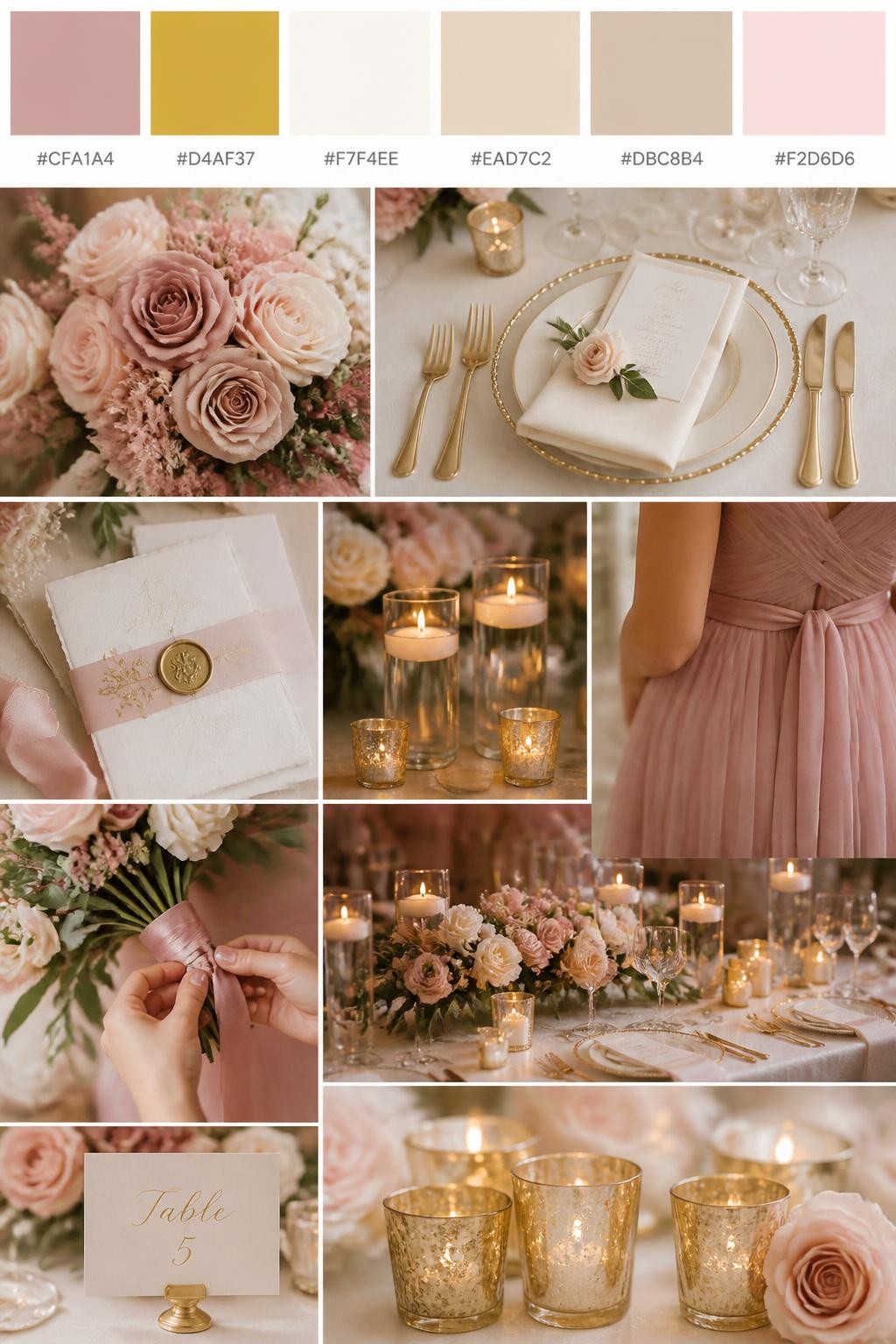 Image Prompt:
A realistic wedding inspiration mood board with a top row of swatches and small hex codes in rose pink, gold, ivory, champagne, warm beige, and soft blush. Under the palette strip, show a polished collage of rose pink flowers, gold flatware, ivory table decor, candle holders, elegant paper goods, a cropped bridesmaid dress image from the neck down, hands tying ribbon around a bouquet, and a romantic reception table with warm glowing accents. Use only back views, side views, detail crops, and no-people decor scenes to avoid face issues. DSLR-style realism, 9:16 vertical format. (no watermarks on images)