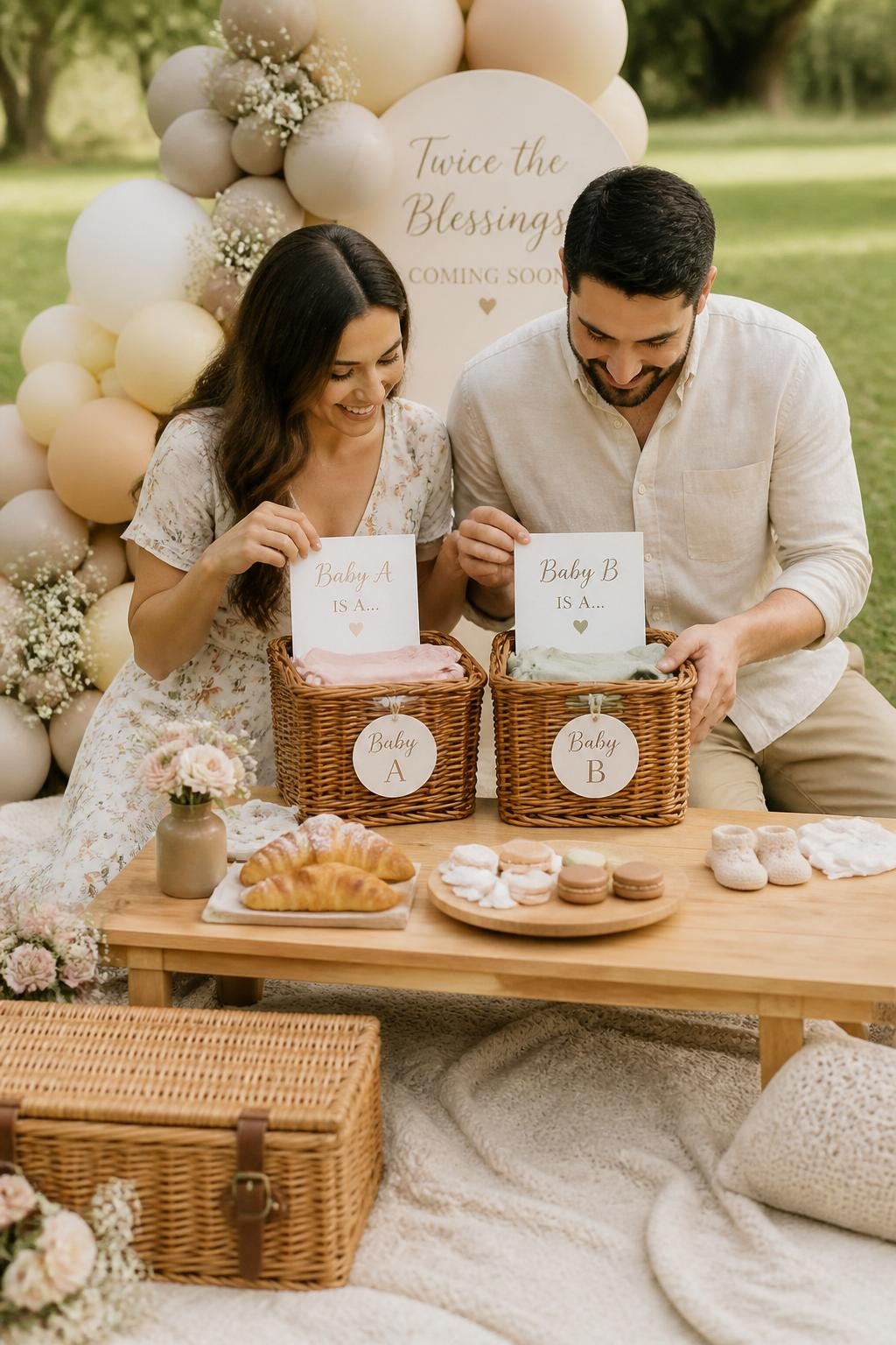 A realistic photo of a charming twin gender reveal picnic setup, cream blanket, woven basket, low wooden table, pastries, flowers, two smaller baskets labeled Baby A and Baby B, parents opening both baskets to reveal two folded baby items and message cards, soft outdoor daylight, editorial lifestyle photography