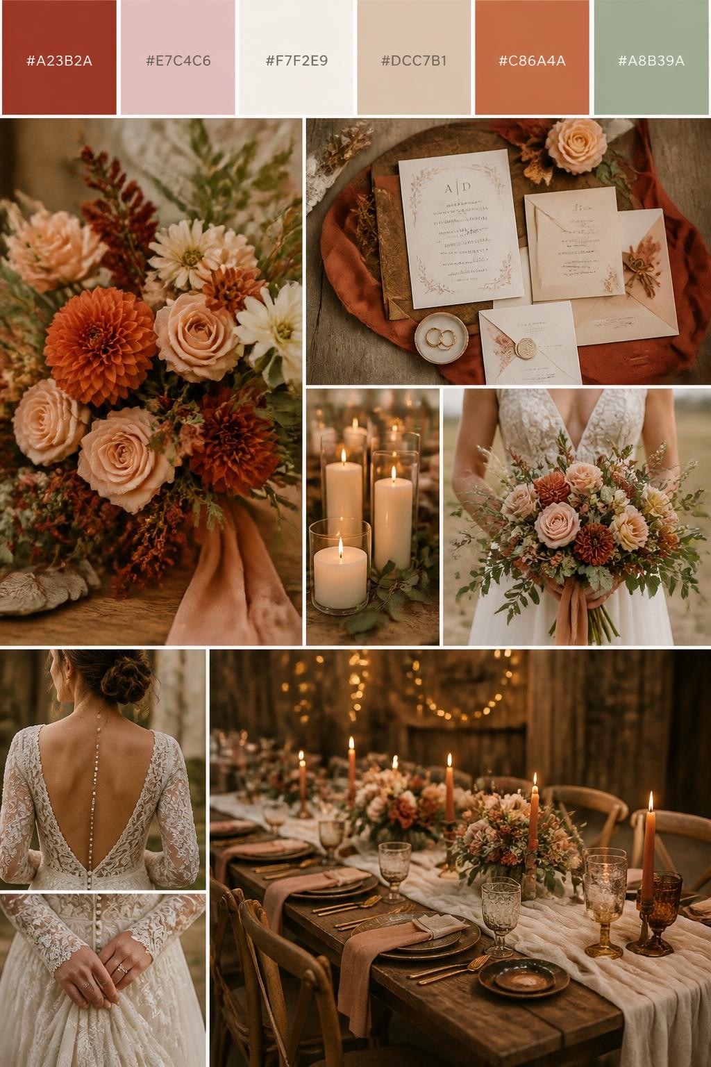 Image Prompt:
A realistic wedding color mood board in a vertical collage style. Add a top strip of palette swatches with hex codes in rust, blush pink, cream, warm beige, terracotta, and soft sage. Below, show realistic wedding details like rust-toned flowers, blush roses, cream candles, wooden table decor, elegant invitations, a bouquet held in front of the body with no face shown, back-view dress detail shots, and a warm no-people rustic tablescape with linen runners and candlelight. Use no clear faces, with a mix of cropped body details, hands-only shots, and no-people styling scenes. The look should feel warm, romantic, rustic, and polished with DSLR realism. 9:16 vertical format. (no watermarks on images)