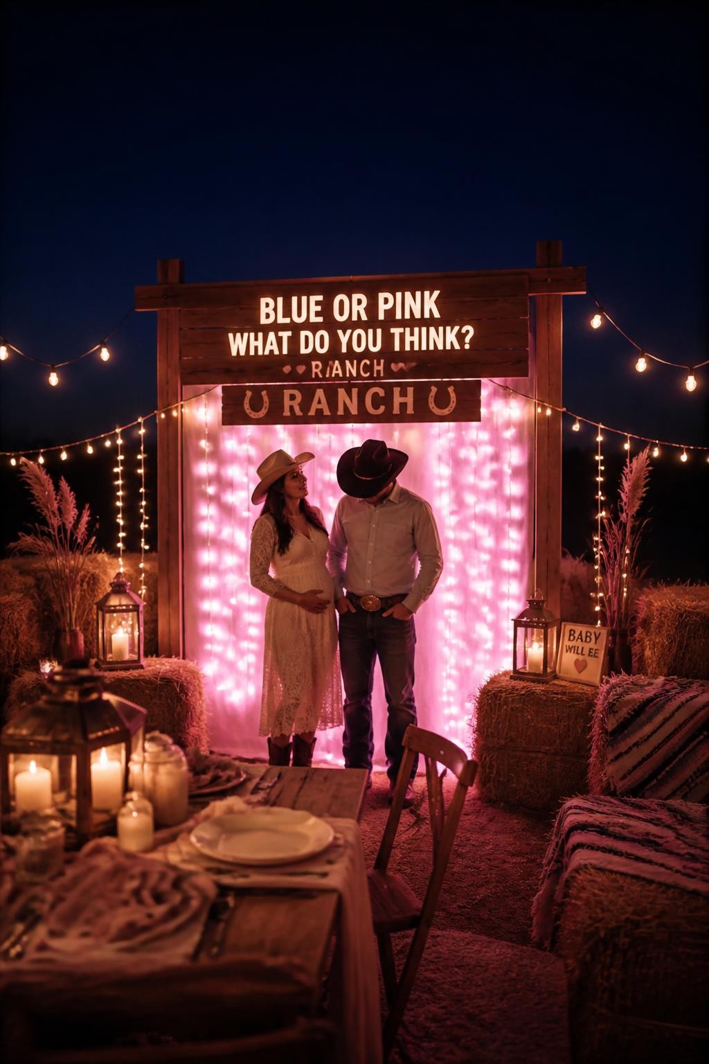 A realistic editorial photo of an evening western gender reveal party under string lights, rustic outdoor table, lanterns, hay bales with blankets, dark sky overhead, parents standing beneath a custom ranch sign as hidden lights switch to one reveal color, cozy elegant western party atmosphere, DSLR lifestyle photography, vertical image