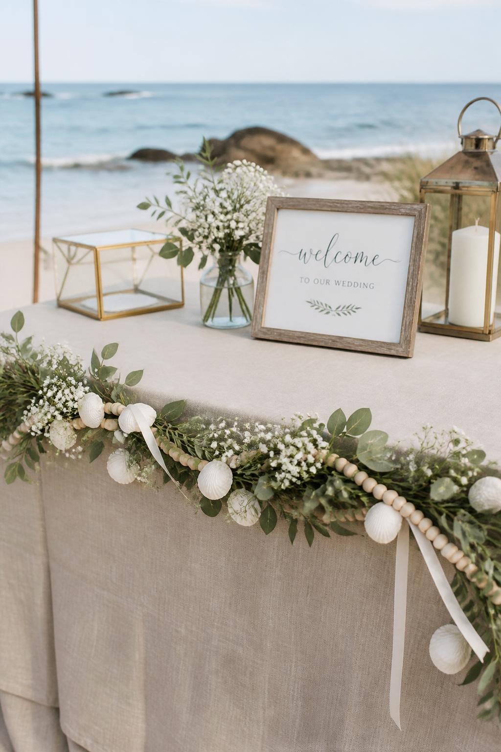 Detailed image prompt: A realistic photo of a coastal wedding garland styled across a beach ceremony welcome table, small white shells, pale wooden beads, ivory ribbon, soft greenery, tiny white flowers, linen tablecloth, ocean in the background, elegant beach wedding decor, no people, natural daylight.