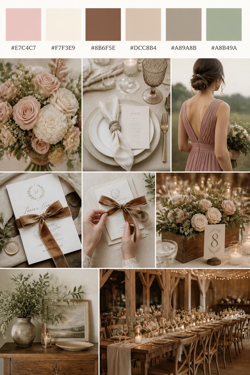 Image Prompt:
A realistic wedding color palette collage with a top row of swatches and hex codes in blush pink, ivory, soft brown, beige, warm taupe, and muted sage. Below, show realistic wedding details such as blush flowers, ivory table styling, brown velvet ribbon, elegant stationery, hands tying an invitation suite, a cropped-from-neck bridesmaid dress detail, and a softly lit rustic reception setup with candles and wood textures. Keep all people shown from the back, side, or cropped below the face, and include some no-people decor scenes for variety. The mood should feel sweet, rustic, and romantic with DSLR-quality realism. 9:16 vertical format. (no watermarks on images)