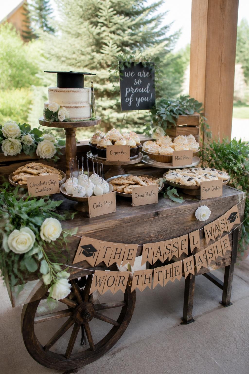 A realistic DSLR photo of a rustic graduation dessert cart made from a wooden wagon, filled with cupcakes, cookies, mini pies, cake pops, a small graduation cake, kraft paper labels, greenery, and cream flowers, bright outdoor natural light, no people, charming rustic party setup.