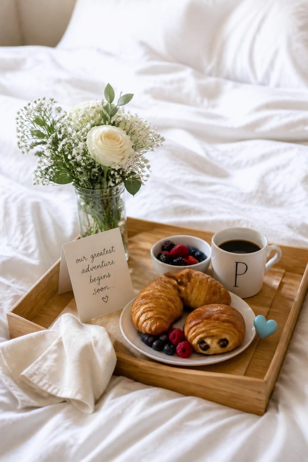 A realistic photo of an intimate gender reveal breakfast in bed scene, soft white bedding, tray with pastries, fruit, coffee, flowers, folded note card, and one hidden reveal-color detail on the tray, gentle morning light, calm romantic mood, editorial lifestyle photography, vertical image