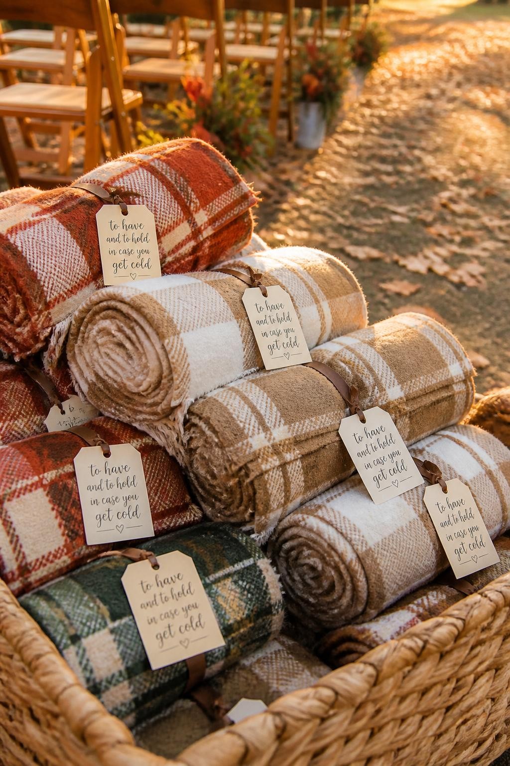 Realistic DSLR photo of rolled mini plaid blankets in warm fall colors like camel, rust, cream, and forest green, tied with leather cord and small calligraphy tags, stacked in a woven basket near an outdoor wedding ceremony entrance, fallen leaves on the ground, wooden chairs in the background, golden hour light.