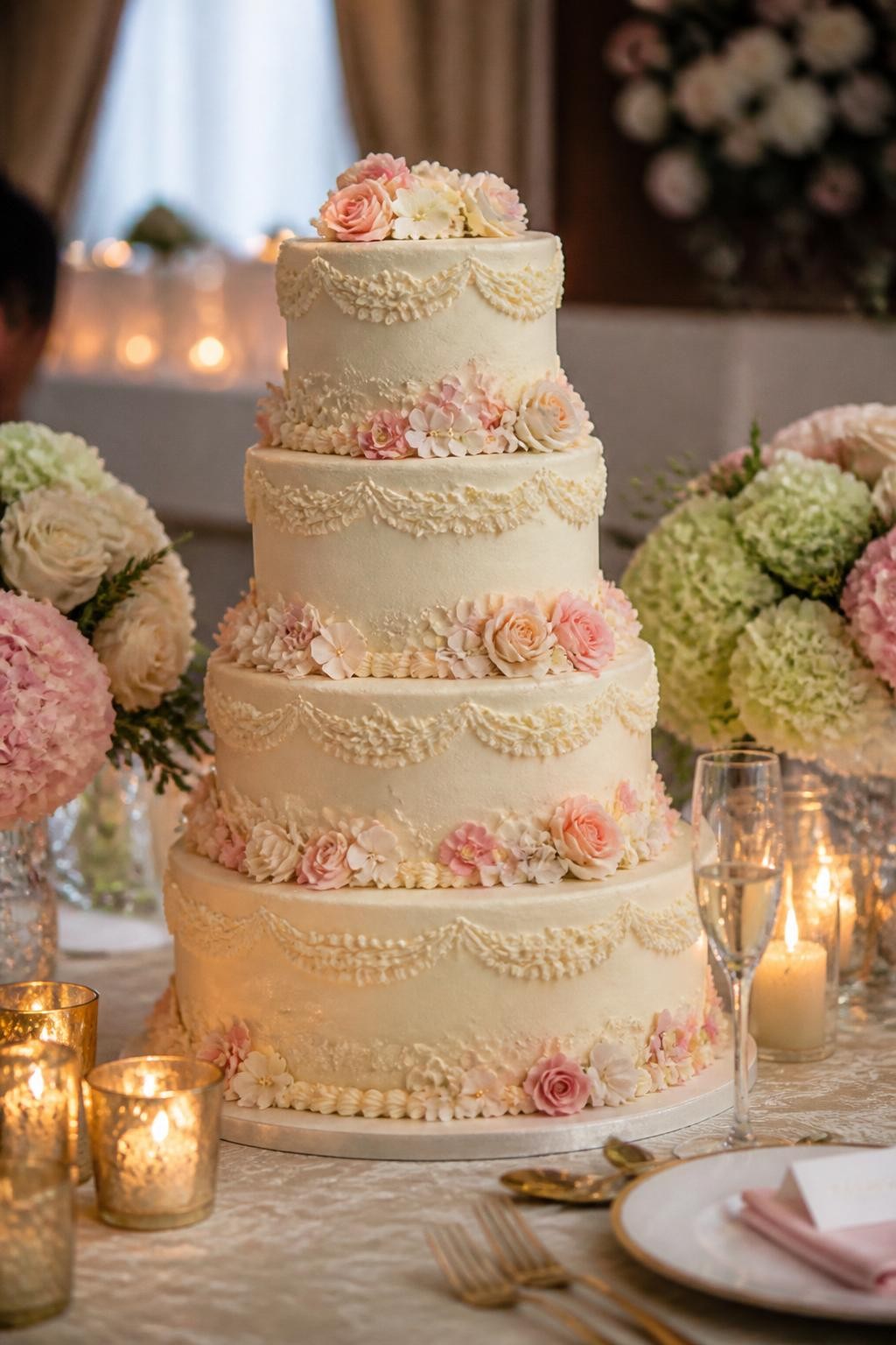 Image Prompt: Ultra-realistic wedding reception photo of a retro wedding cake decorated with floral garlands across the tiers, including small piped or sugar flowers in blush, ivory, pale peach, and soft pink tones. Use elegant vintage-inspired piping and refined wedding styling. Place the cake on a decorated reception cake table with candles, floral centerpieces, glassware, fine linens, and a softly blurred wedding backdrop. Keep the cake as the hero of the image. No visible faces. If guests appear, show only back views, side views in blur, cropped hands, or neck-down figures. Realistic floral details, delicate icing texture, romantic DSLR wedding photography. (no watermarks on images)