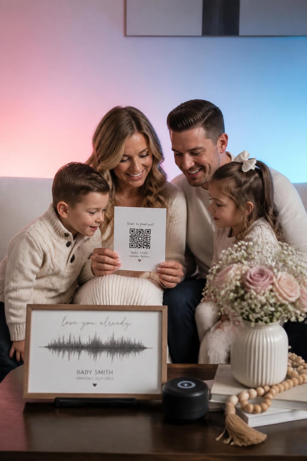 A realistic editorial photo of a home gender reveal setup on a coffee table, framed soundwave print, tiny speaker, neutral flowers, family gathered close, parents holding a card with a QR code, soft reveal color lighting in background, modern sentimental decor, warm indoor photography, vertical composition
