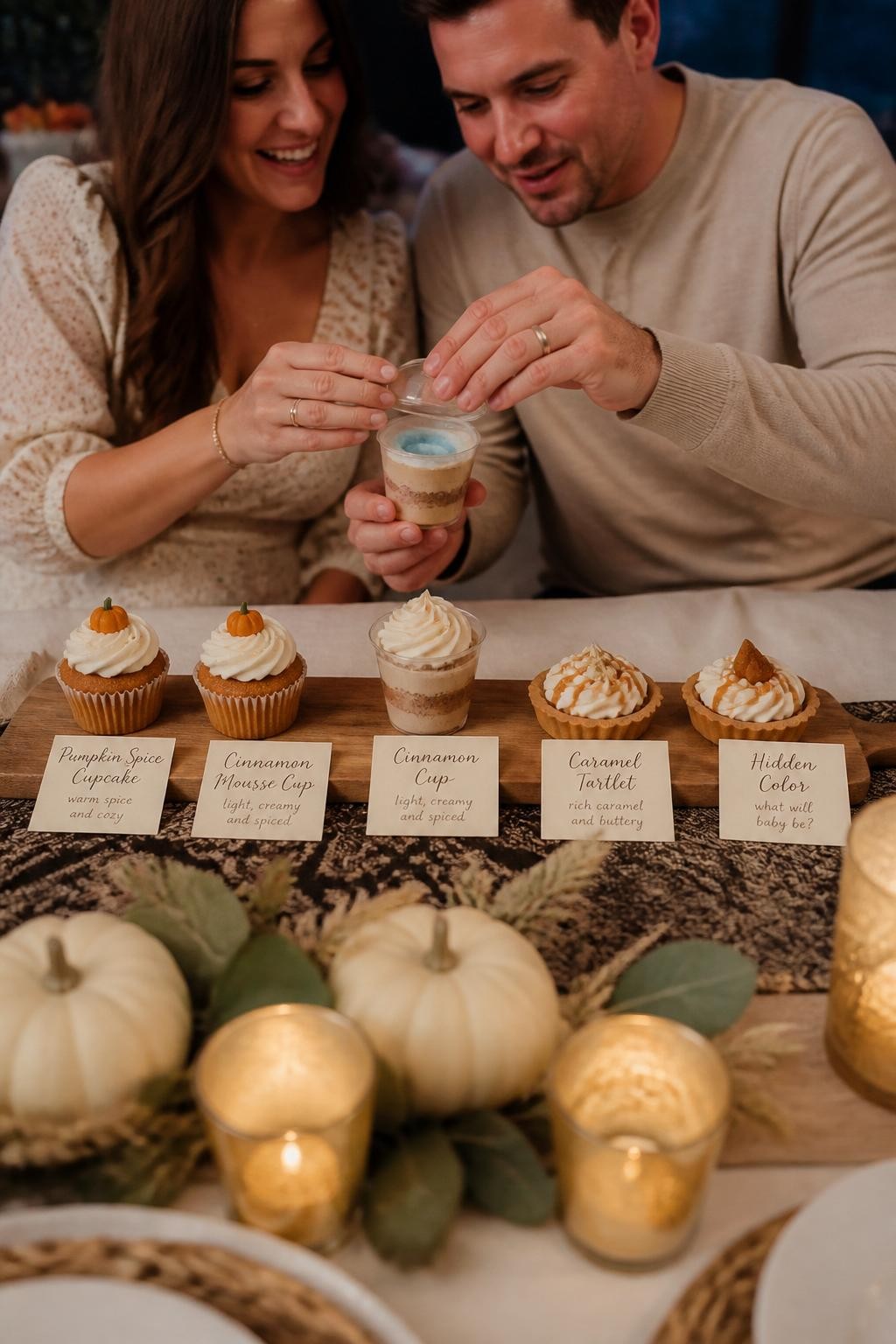A realistic editorial photo of an October gender reveal dessert flight, mini pumpkin spice cupcakes, cinnamon mousse cups, caramel tartlets, cream plates, handwritten tasting cards, parents opening the final dessert cup to reveal a hidden color layer, warm candlelit dessert table, DSLR food photography