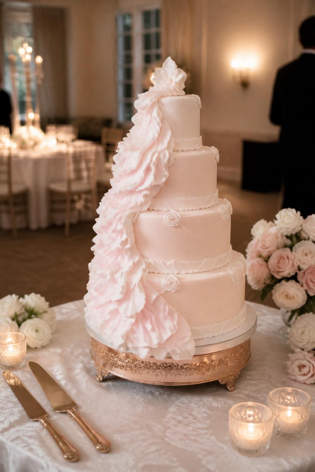 Image Prompt: Ultra-realistic wedding party photo of a beautiful retro wedding cake with cascading ruffle details, soft vintage-inspired piping, and elegant tiered styling in white, blush, or pale pastel tones. Place the cake on a decorated wedding cake table with candles, flowers, fine linens, and a softly blurred reception venue backdrop. Keep the cake as the main focus. No visible faces. If guests appear, show only back views, side views in blur, cropped hands, or neck-down figures. Realistic sugar and buttercream ruffle texture, soft flattering light, DSLR wedding realism. (no watermarks on images)