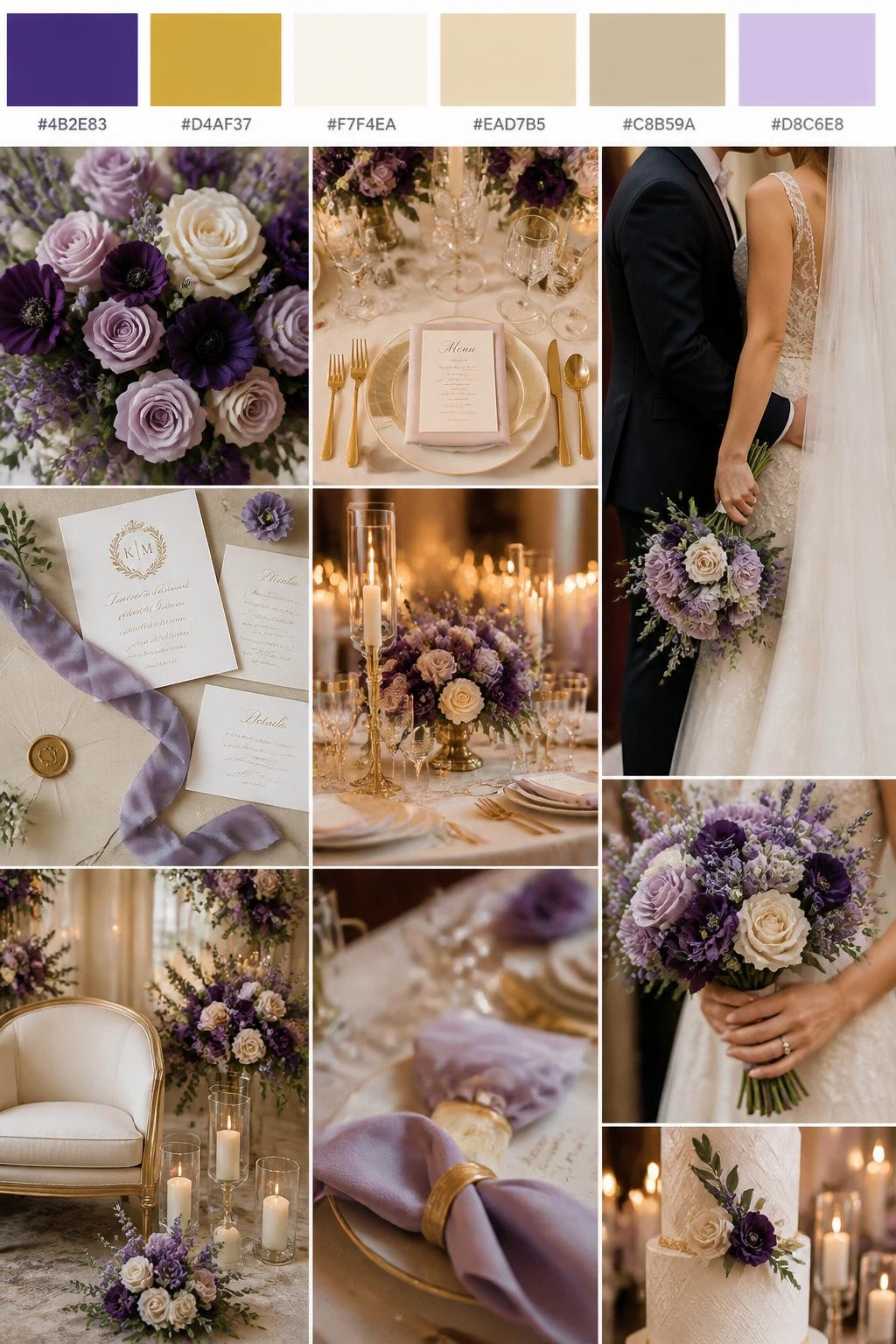 Image Prompt:
A realistic wedding palette mood board in a polished Pinterest collage layout. Include a top strip of color swatches with hex codes in violet, gold, ivory, champagne, warm beige, and pale lilac. Below, show a refined collage with violet flowers, gold flatware, ivory table styling, invitation flat lays, candlelit details, a side-view cropped couple shot with no faces visible, bouquet close-ups, and softly lit decor scenes. Keep variety in the compositions with no full faces, using back views, hands-only images, and no-people styling scenes. The mood should feel elegant, rich, and romantic with real DSLR photo quality. 9:16 vertical format. (no watermarks on images)