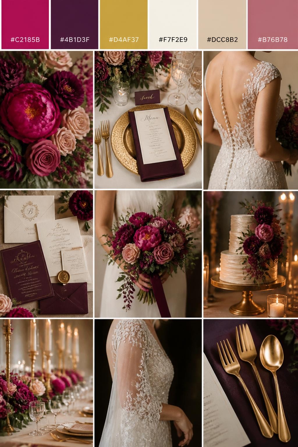 Image Prompt:
A realistic wedding inspiration collage with a top color strip showing hex-coded swatches in fuchsia, plum, soft gold, ivory, warm beige, and muted rose. Below the palette strip, create a realistic wedding mood board with fuchsia flowers, plum blooms, gold flatware, invitation flat lays, cropped dress detail shots, hands holding a bouquet, and no-people decor scenes in warm romantic light. Use back views, side views, shoulder-down crops, and detail-only shots so no full faces are visible. The mood should feel bold, rich, romantic, and elegant with DSLR-style realism. 9:16 vertical format. (no watermarks on images)