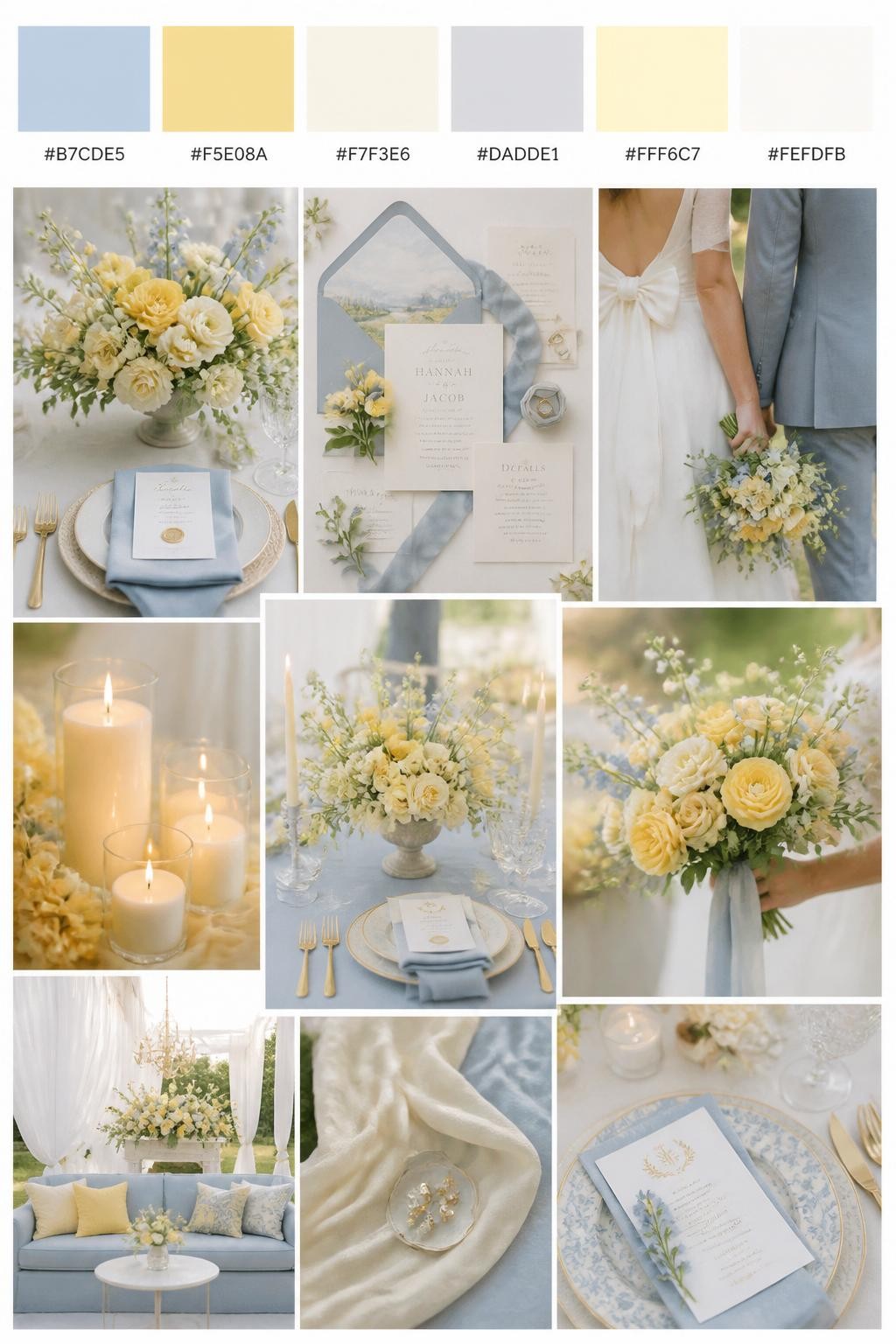 Image Prompt:
A realistic wedding palette mood board in a polished Pinterest collage layout. Include a top strip of color swatches with hex codes in powder blue, soft yellow, cream, pale gray, buttercream, and soft white. Below, show a fresh collage with yellow flowers, powder blue table details, cream candles, invitation flat lays, soft linen textures, a side-view cropped couple shot with no faces visible, bouquet close-ups, and softly lit decor scenes. Keep variety in the compositions with no full faces, using back views, hands-only images, and no-people styling scenes. The mood should feel airy, sweet, and romantic with real DSLR photo quality. 9:16 vertical format. (no watermarks on images)