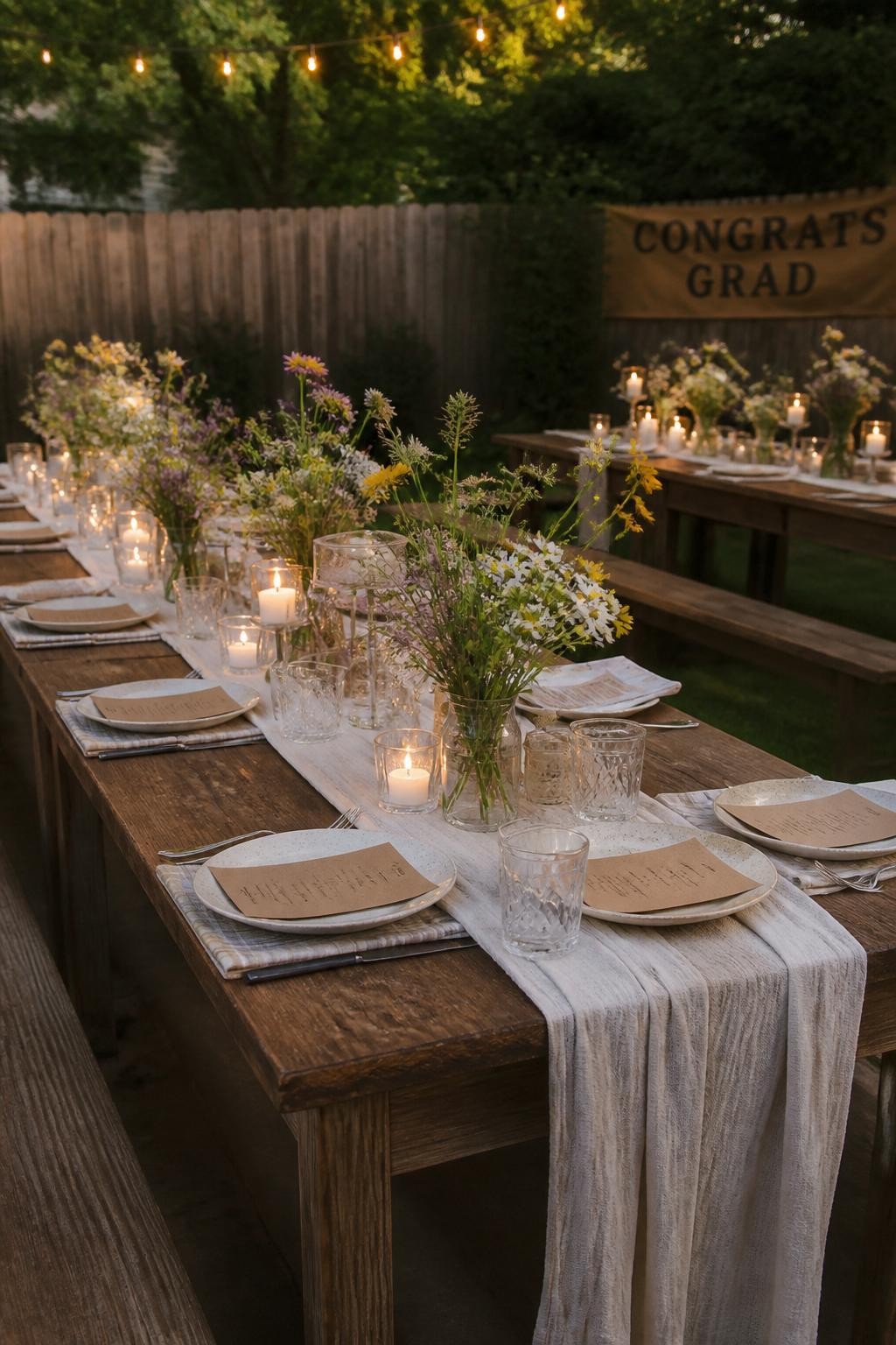 A realistic DSLR photo of a rustic graduation dinner with long wooden picnic tables, linen runners, wildflower centerpieces, simple ceramic plates, candles in glass holders, kraft paper menus, and warm evening light in a backyard setting, no people, realistic editorial party photography.