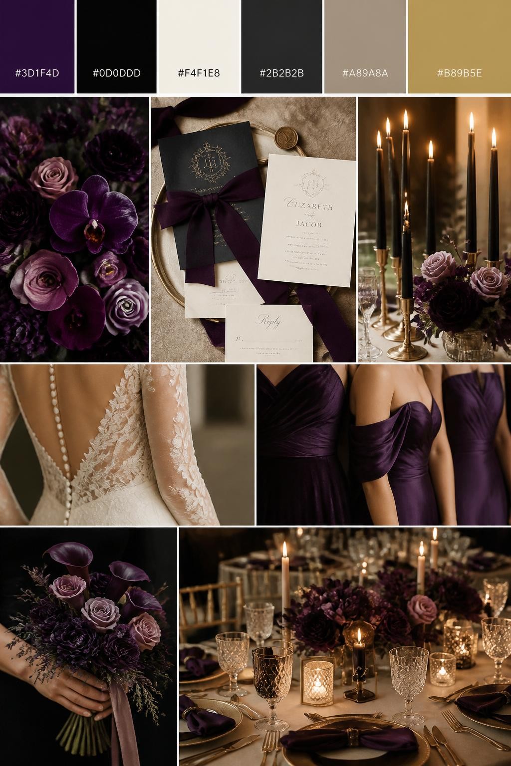 Image Prompt:
A realistic purple wedding color palette mood board with a top strip of swatches and small hex codes in deep purple, black, ivory, charcoal, warm taupe, and muted gold. Below, show a cohesive collage of deep purple flowers, black taper candles, ivory table linens, stationery with silk ribbon, a back-view bridal detail, cropped bridesmaid dress fabric shots, hands-only bouquet styling, and a romantic reception table under warm glowing light. Keep faces out of frame using side angles, back views, close-up crops, and no-people scenes. The overall mood should feel bold, elegant, romantic, and polished with realistic DSLR photo quality. 9:16 vertical format. (no watermarks on images)