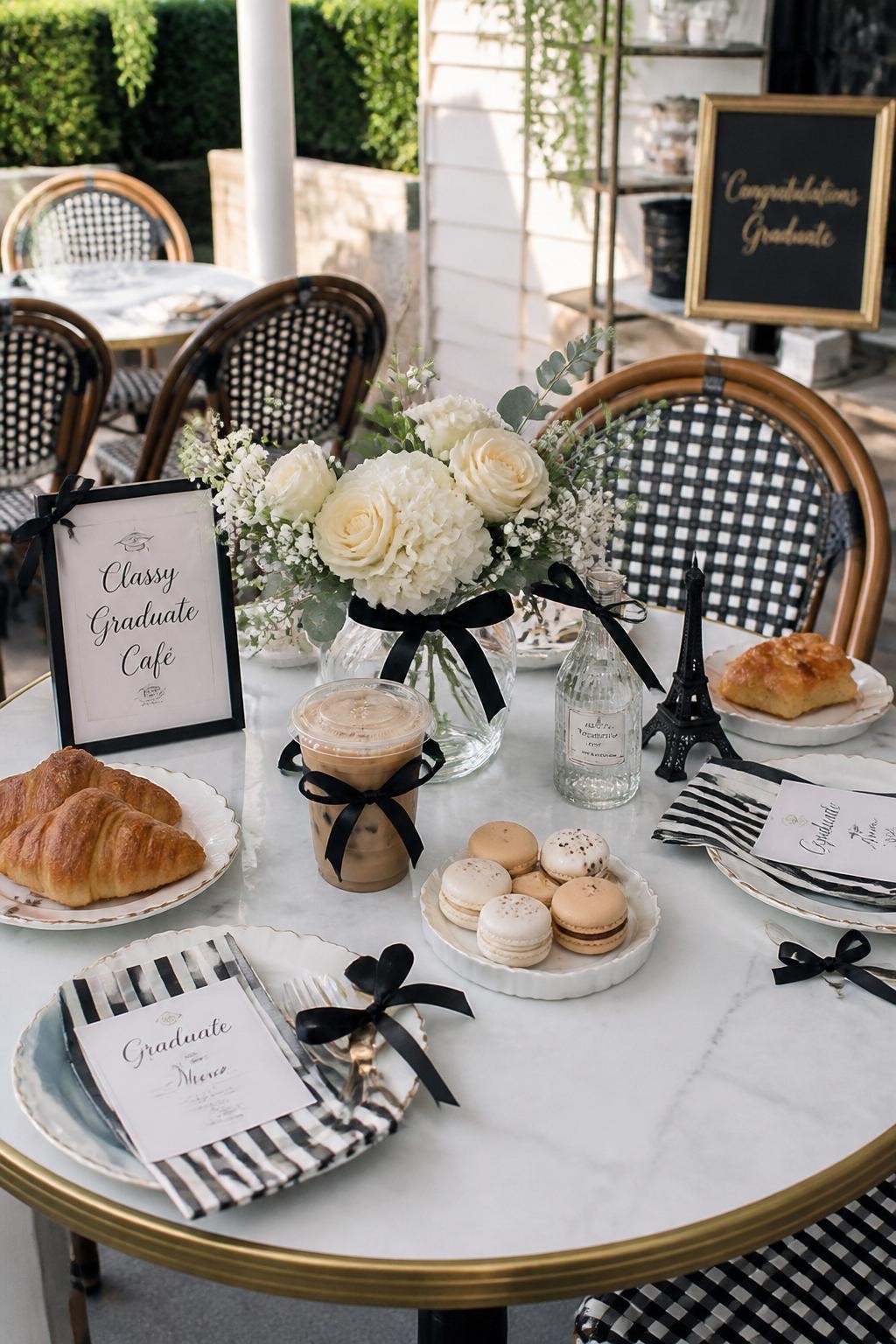 A realistic DSLR photo of a Parisian-inspired girl graduation party table with small bistro chairs, croissants, macarons, iced coffee, striped napkins, cream flowers, black ribbon accents, a small “Classy Graduate Café” sign, no people, bright patio lighting, realistic editorial party styling.