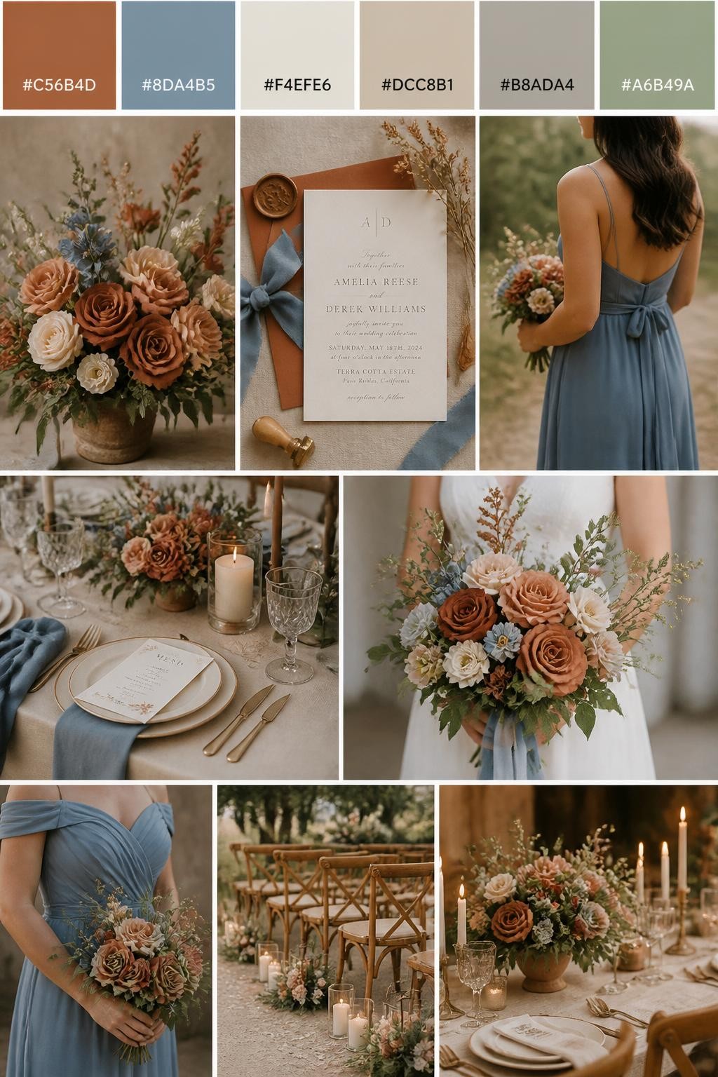 Image Prompt:
A realistic vertical wedding mood board with a top palette strip showing hex codes in terracotta, dusty blue, cream, warm beige, soft taupe, and muted sage. Below the swatches, show a romantic rustic collage of terracotta flowers, dusty blue ribbon, cream table decor, invitation styling, a bouquet held in front of the body with no face visible, cropped bridesmaid dress details, and warm ceremony decor with wooden chairs and candlelight. Use varied no-face compositions such as side views, back views, hand-held bouquet close-ups, and no-people tablescape shots. DSLR realism, Pinterest-style collage layout, 9:16 vertical format. (no watermarks on images)