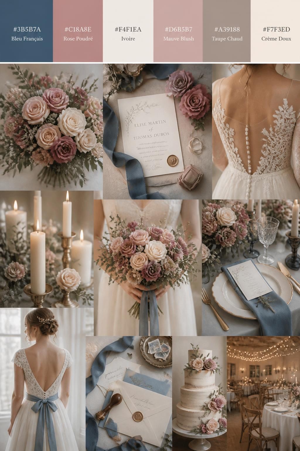 Image Prompt:
A realistic wedding color mood board in a vertical collage style. Add a top strip of palette swatches with hex codes in French blue, dusty rose, ivory, mauve blush, warm taupe, and soft cream. Below, show realistic wedding details like dusty rose flowers, French blue ribbon, ivory candles, romantic table settings, elegant invitations, a bouquet held in front of the body with no face shown, back-view bridal detail shots, and a warm no-people reception scene. Use no clear faces, with a mix of cropped body details, hands-only shots, and no-people styling scenes. The look should feel soft, classic, romantic, and polished with DSLR realism. 9:16 vertical format. (no watermarks on images)