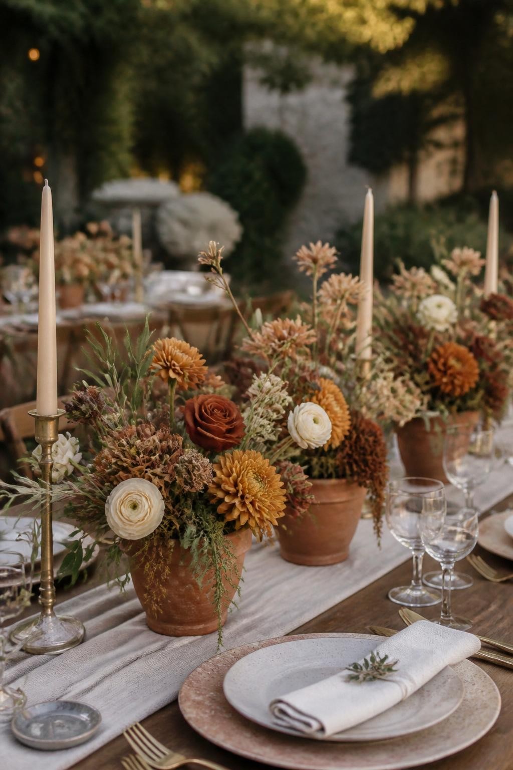 Realistic DSLR photo of a fall wedding table with small aged terracotta pots filled with rust roses, mustard mums, cream ranunculus, olive leaves, dried seed pods, and trailing greenery, arranged down a linen runner with taper candles and ceramic plates, outdoor garden wedding setting, warm natural light.