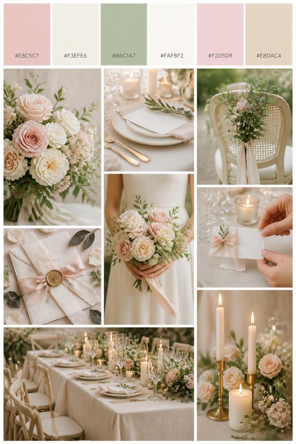 Image Prompt:
A realistic pastel wedding color palette mood board in a Pinterest-style collage layout. Add a top row of clean color swatches with small hex codes in blush pink, cream, soft sage, ivory, pale rose, and warm beige. Below the swatches, create a polished collage of wedding details: blush roses, cream table linens, sage greenery, soft candlelight, elegant stationery with silk ribbon, a bouquet held at waist level with no face visible, hands adjusting place cards, and a no-people reception table scene. Use side views, back views, cropped-from-neck detail shots, hands-only styling, and no-people scenes to avoid showing faces. Soft natural light, DSLR-style realism, 9:16 vertical format. No extra text except small hex codes on the palette strip. (no watermarks on images)