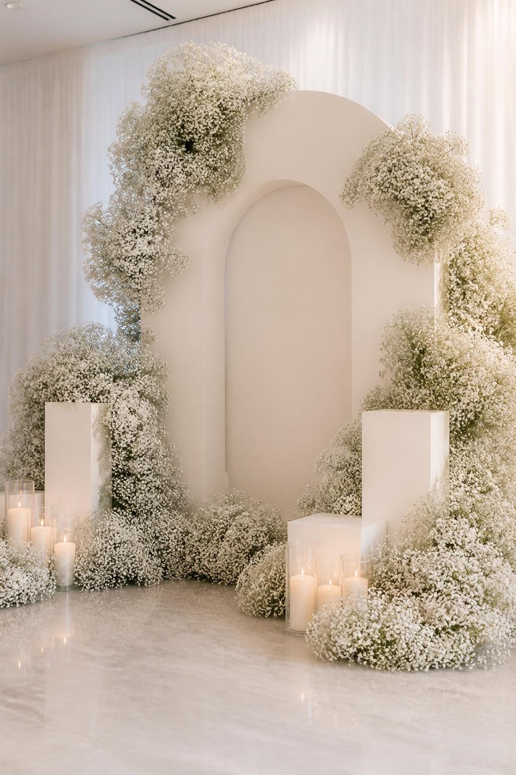 Image Prompt:
A single realistic editorial-style photo of an airy flower backdrop made with large cloud-like clusters of white baby’s breath around a cream arch panel, soft candle clusters at the base, white plinths, polished indoor venue, no people, no faces, soft diffused lighting, realistic wedding and event photography, no text, no watermark.