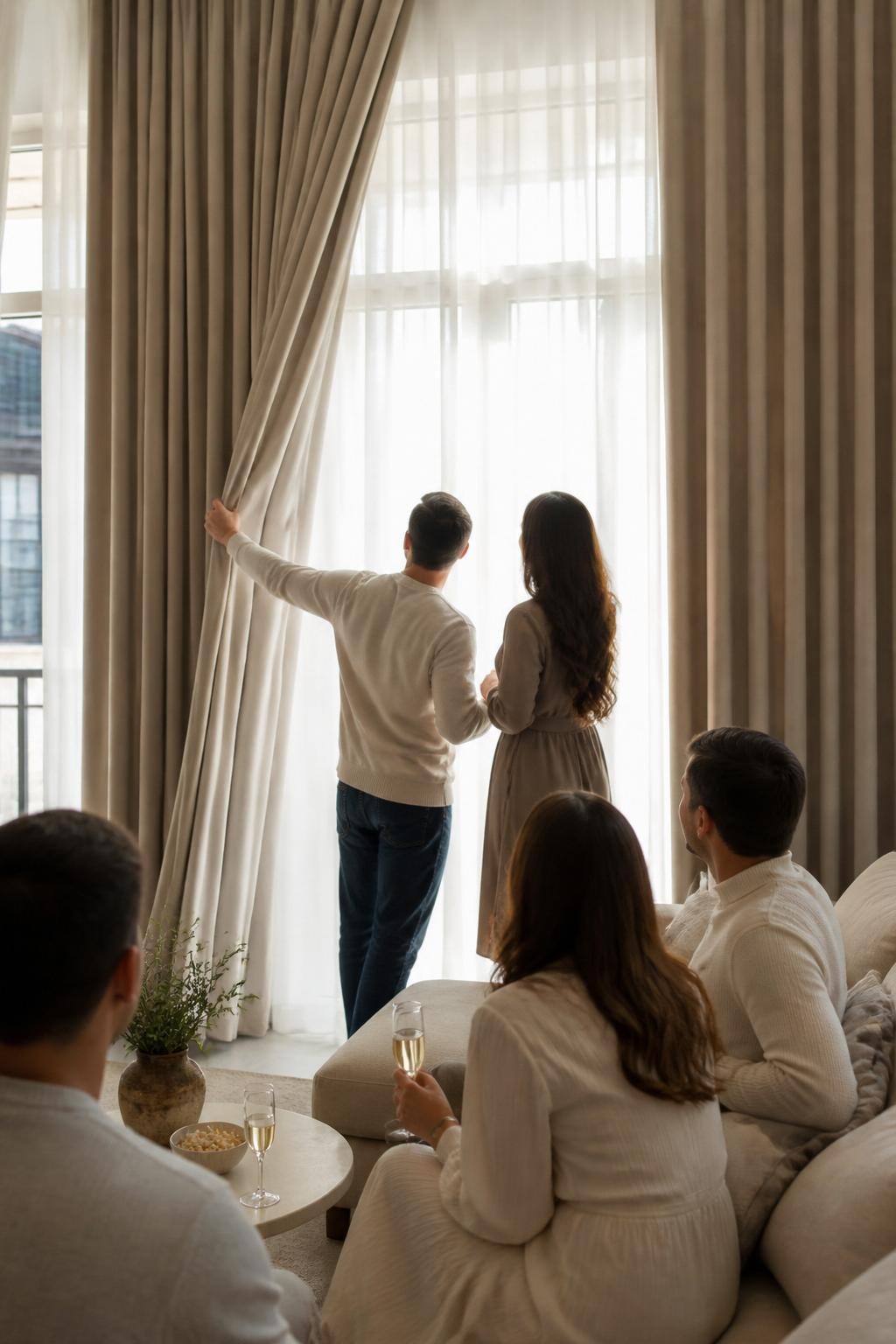 A realistic editorial photo of a home living room with tall curtains, parents standing near a large window, guests sitting on a sofa, neutral daytime decor, curtain being pulled open to reveal sheer fabric or backlight in one soft reveal color behind it, bright natural light, emotional family moment, realistic DSLR photography, vertical composition