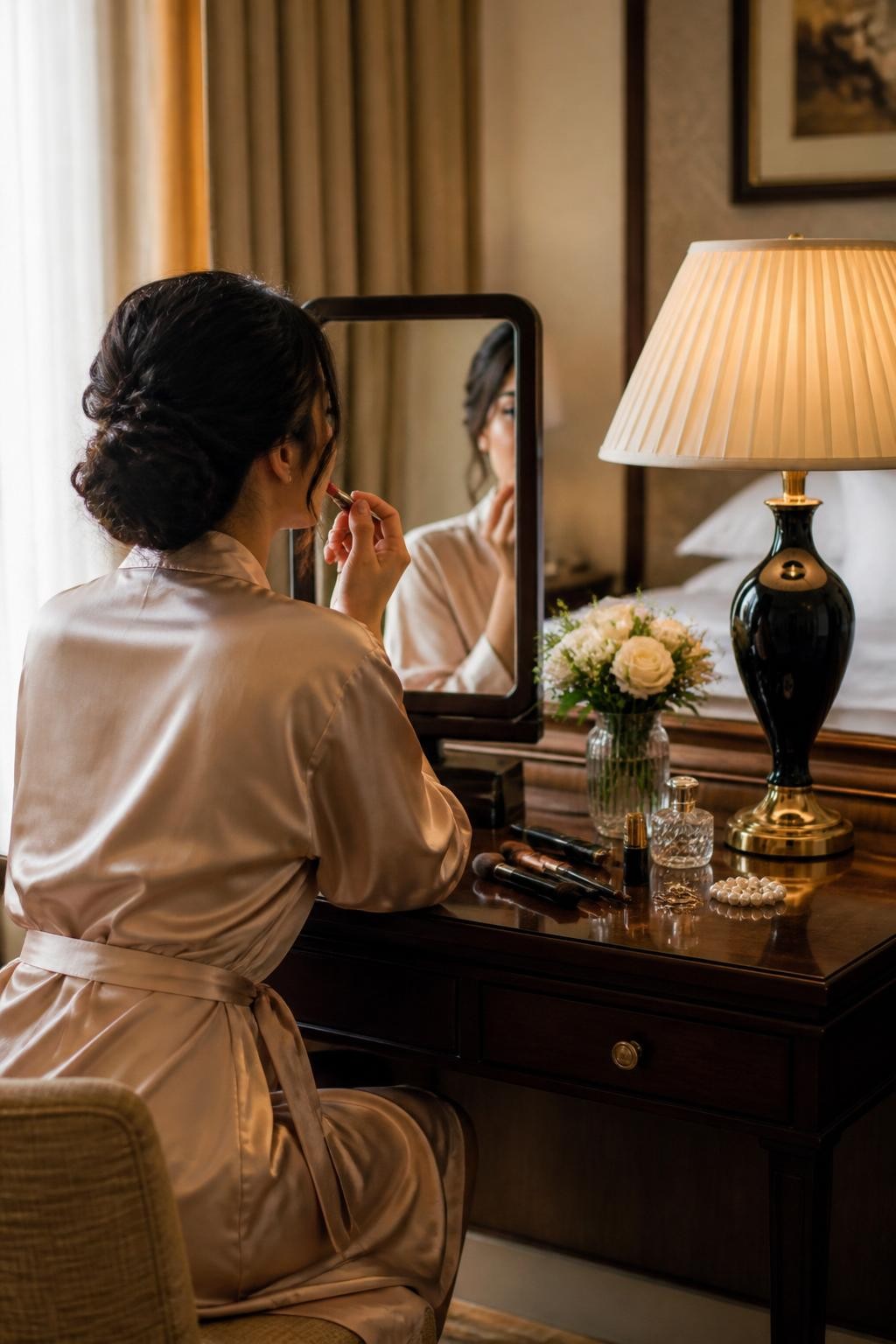 Image Prompt:
A realistic hotel room vanity photoshoot showing an adult woman seated at a small hotel desk or vanity, wearing a satin robe with neatly styled hair, applying lipstick in a mirror. Her face is partially hidden by the mirror angle and hand movement. The vanity has makeup brushes, perfume, pearl earrings, a small bouquet, and a warm table lamp. The hotel room background includes cream curtains and soft bedding. Elegant getting-ready editorial style, realistic DSLR photography, vertical image.