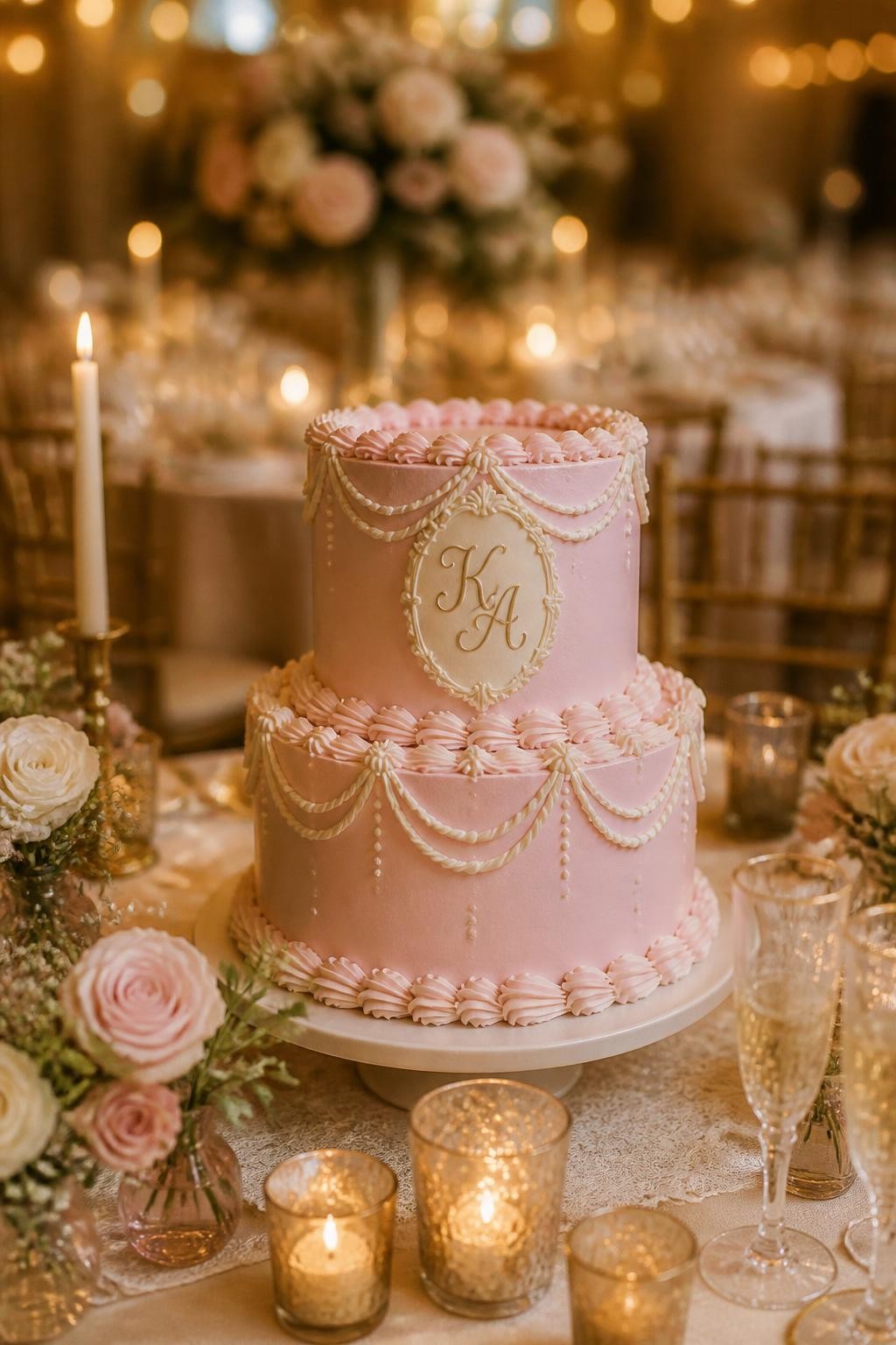 Image Prompt: Ultra-realistic wedding party scene featuring a pink retro wedding cake with elegant piped borders, a refined monogram plaque or topper, soft pearl details, and a romantic vintage-inspired finish. Use blush or pale pink tones with ivory accents. Place the cake on a beautiful wedding cake table with candles, flowers, fine linens, champagne glasses, and a softly blurred reception backdrop. Keep the cake as the main focus. No visible faces. If people appear, show only cropped hands, back views, side views in blur, or neck-down figures. Realistic monogram detail, smooth icing and piping texture, soft romantic lighting, DSLR editorial wedding style. (no watermarks on images)