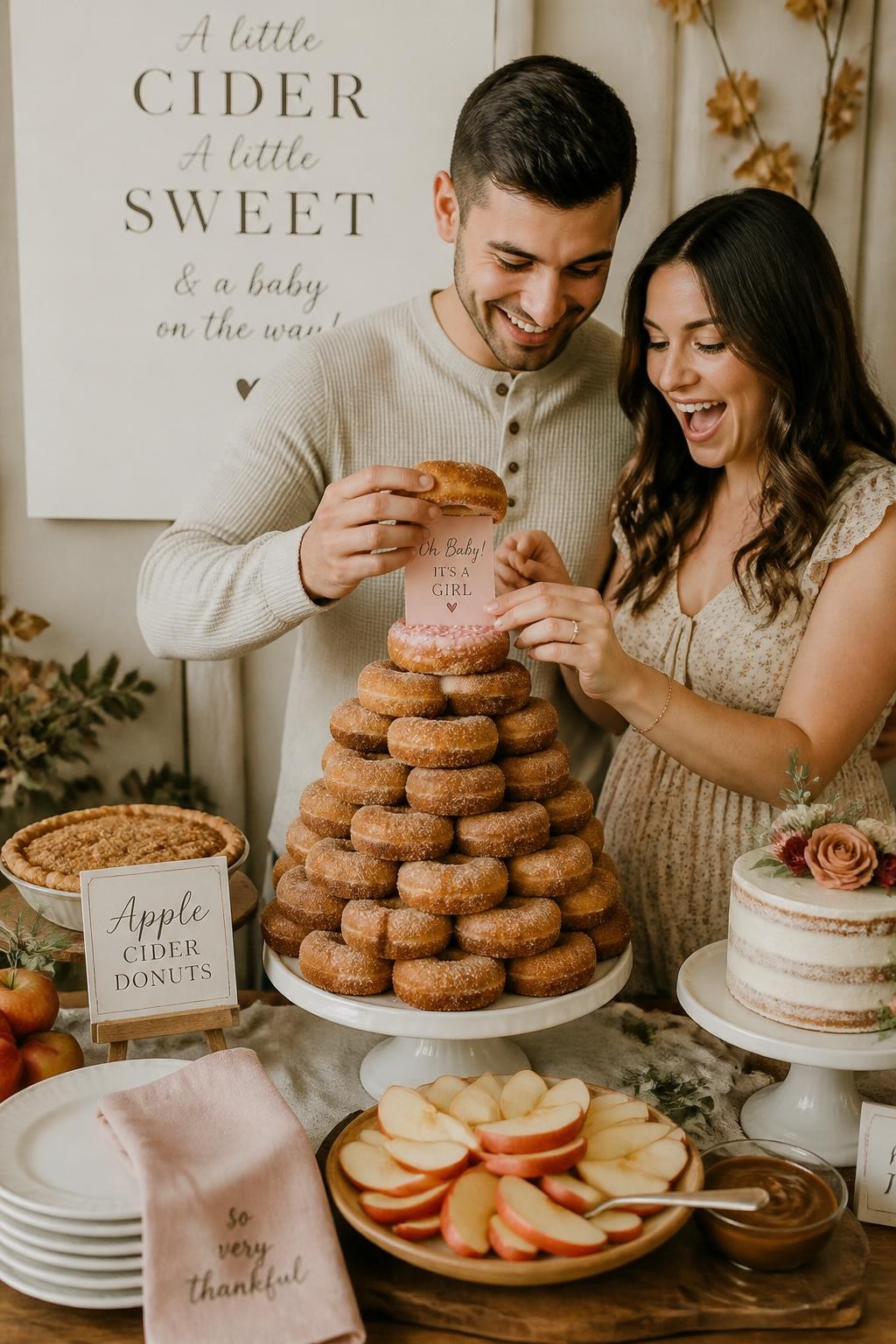 A realistic editorial photo of a September gender reveal dessert table with a cider donut tower, cream cake stand, cinnamon sugar donuts, apple slices, linen napkins, parents lifting the top donut to reveal a hidden baby message card and soft color detail, warm cozy bakery styling, DSLR food photography
