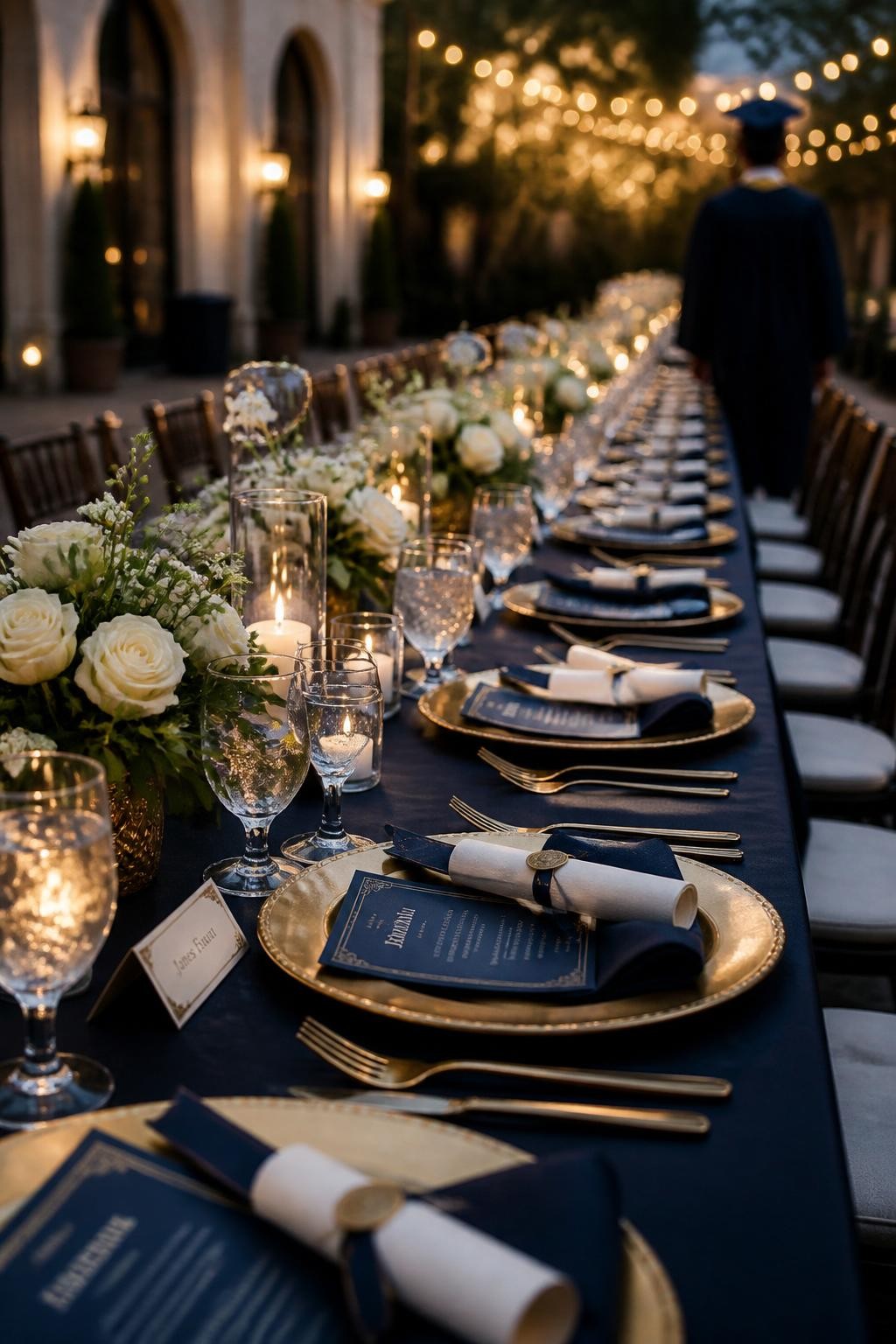 A realistic DSLR photo of a long graduation dinner table styled with academic-inspired colors, deep navy linens, gold flatware, cream flowers, diploma-style napkin rolls, small name cards, candles, and elegant plates, one graduate in a cap and gown standing out of focus at the end of the table with their back turned, soft evening lighting, upscale realistic party photography.