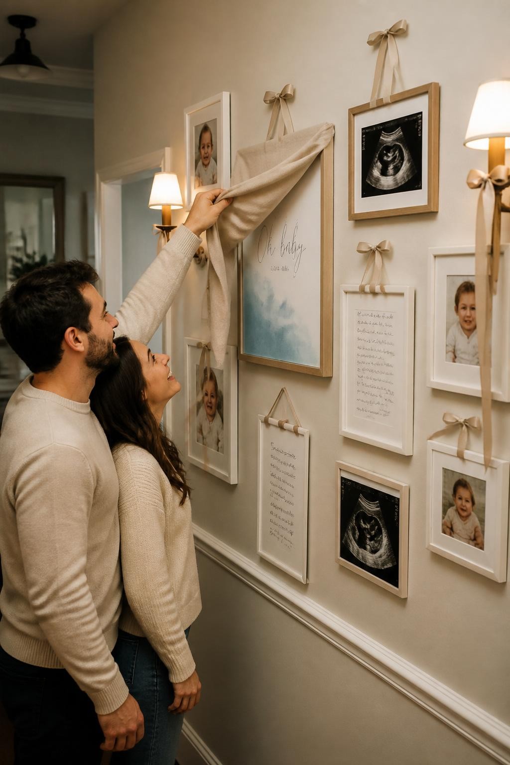 A realistic editorial photo of a home hallway turned into a gender reveal gallery wall, framed baby photos, ultrasound-style art prints, handwritten notes, neutral linen ribbon, one central covered frame being lifted to show a soft reveal color artwork, warm wall sconces, stylish home decor, intimate family moment, modern lifestyle photography, vertical image