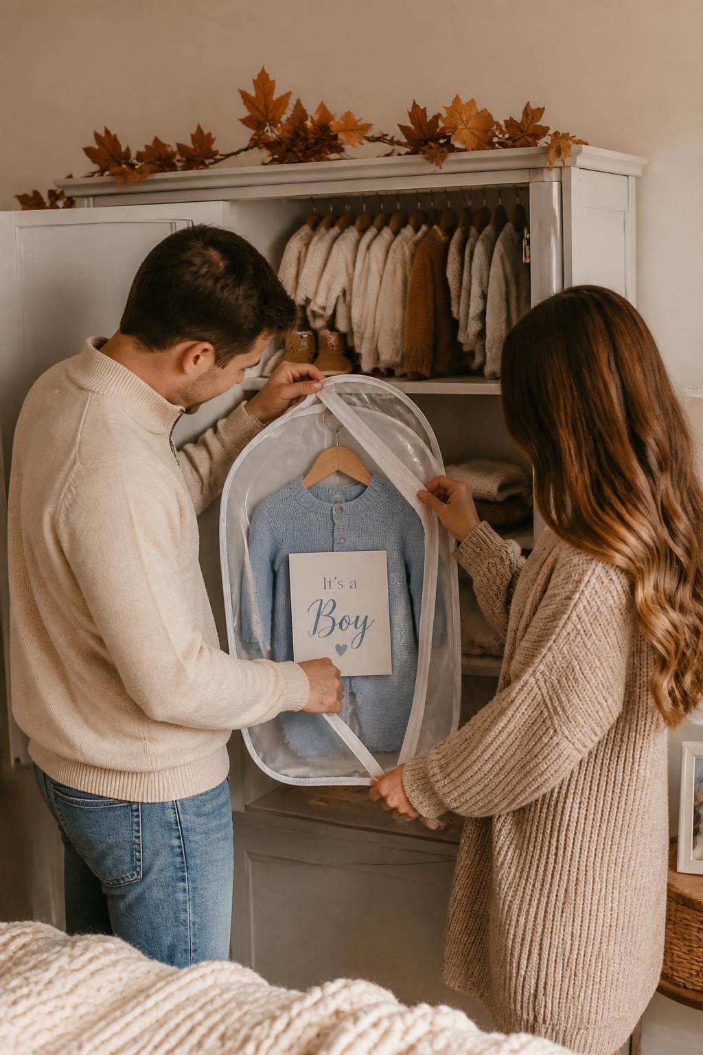A realistic editorial photo of a cozy fall gender reveal in a nursery or bedroom, open wardrobe with tiny neutral baby sweaters, knit hats, wooden hangers, dried leaves, parents sliding open one garment bag to reveal a baby outfit and message card in one reveal color, warm home lighting, vertical photography