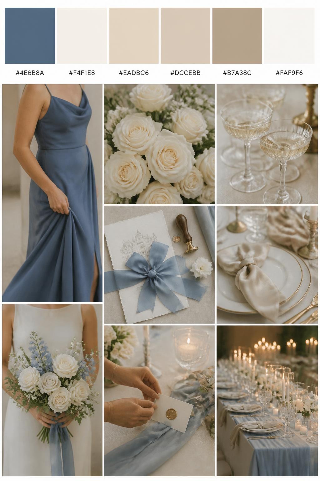 Image Prompt:
A realistic French blue wedding color palette mood board in a Pinterest-style collage layout. Add a top row of clean color swatches with small hex codes in French blue, ivory, champagne, soft beige, warm taupe, and pearl white. Below the swatches, create a polished collage of wedding details: French blue bridesmaid dress fabric cropped from the neck down, ivory roses, champagne glassware, soft table linens, elegant stationery with silk ribbon, a bouquet held at waist level with no face visible, hands adjusting place cards, and a no-people candlelit reception table scene. Use side views, back views, cropped detail shots, hands-only styling, and no-people scenes to avoid showing faces. Soft natural light, DSLR-style realism, 9:16 vertical format. No extra text except small hex codes on the palette strip. (no watermarks on images)