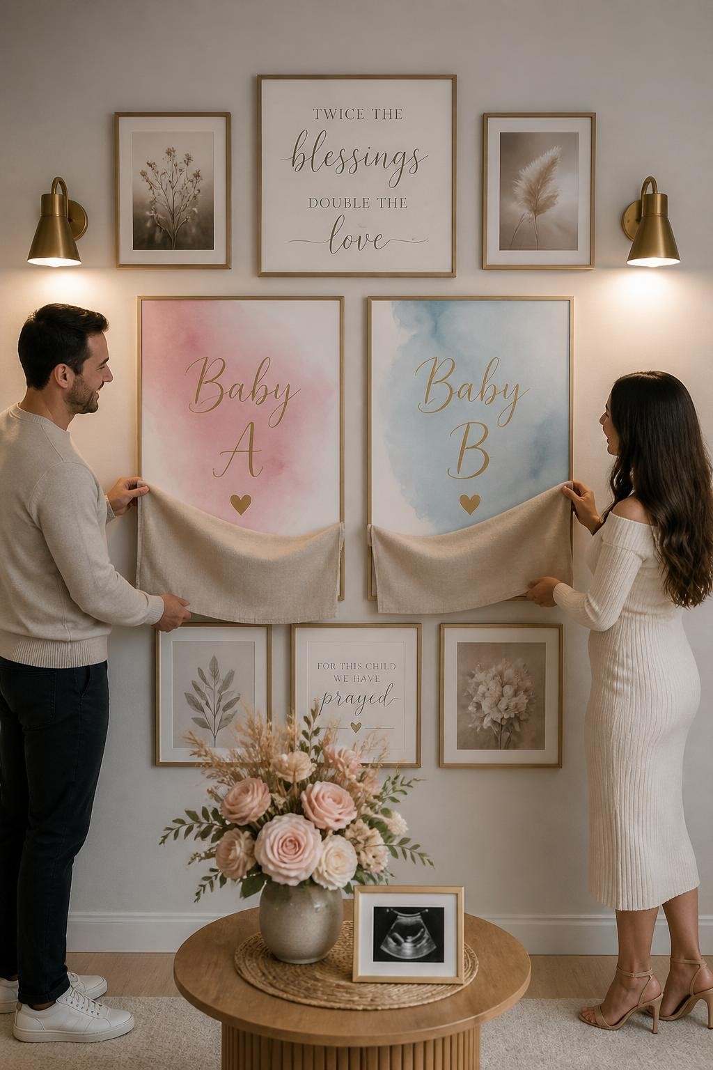 A realistic photo of a stylish twin gender reveal gallery wall at home, framed neutral art prints, two covered center frames labeled Baby A and Baby B, soft florals, warm wall lights, parents pulling down linen covers from both frames to reveal two colored artworks, modern family celebration, vertical DSLR image