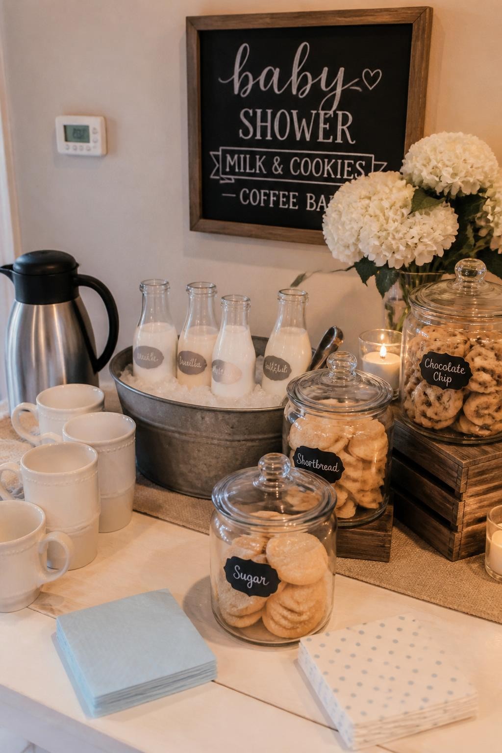 A realistic DSLR photo of a baby shower coffee bar with a milk and cookies theme, white table with coffee carafe, small bottles of milk and creamer on ice, cream mugs, glass jars of chocolate chip cookies, shortbread, and sugar cookies, tiny chalkboard labels, soft blue and white napkins, warm indoor party lighting, cozy realistic baby shower styling, no people.
