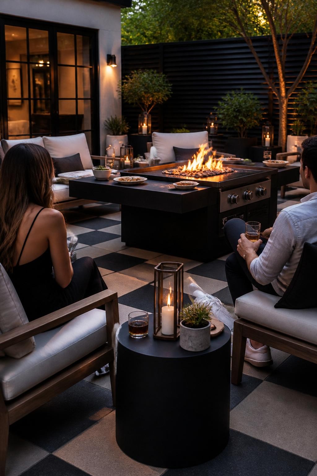 Image Prompt:
A realistic DSLR photo of an outdoor hibachi party patio with a subtle black-and-sand checkerboard floor treatment, low lounge seating, lanterns, side tables, and two guests sitting casually with faces not visible, modern evening entertaining atmosphere, realistic lifestyle photography.