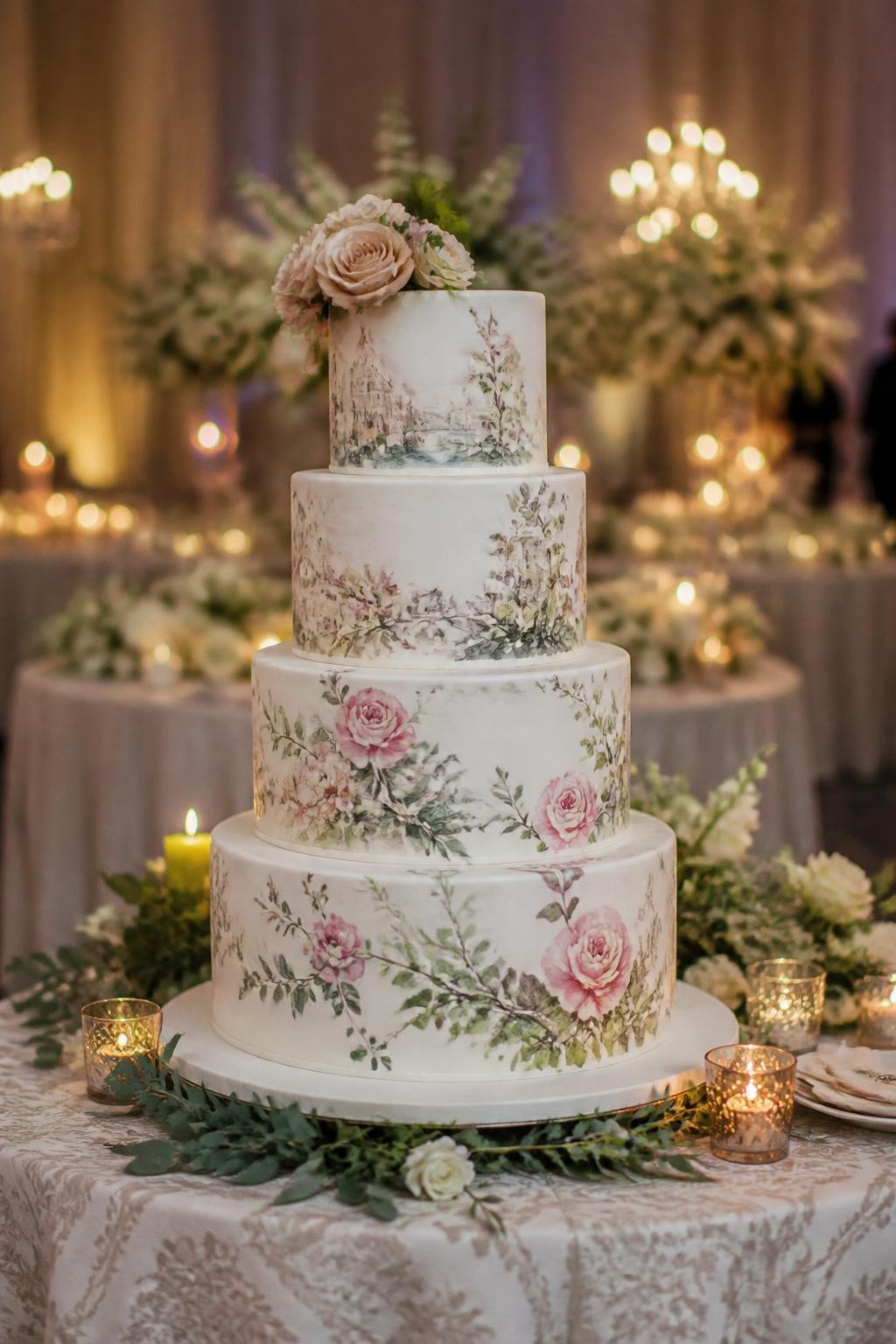 Image Prompt: Ultra-realistic wedding reception image of an extravagant hand-painted mural wedding cake with multiple tiers and delicate artistic painted details such as florals, vines, and soft romantic patterns. Place the cake in a real wedding party scene with candles, floral centerpieces, elegant table linens, and a refined reception backdrop. Keep the cake as the main subject. No visible faces. If people appear, show only blurred back views, cropped hands, soft side views, or neck-down figures. Realistic painted detail, true-to-life icing texture, elegant natural lighting, DSLR editorial quality. (no watermarks on images)