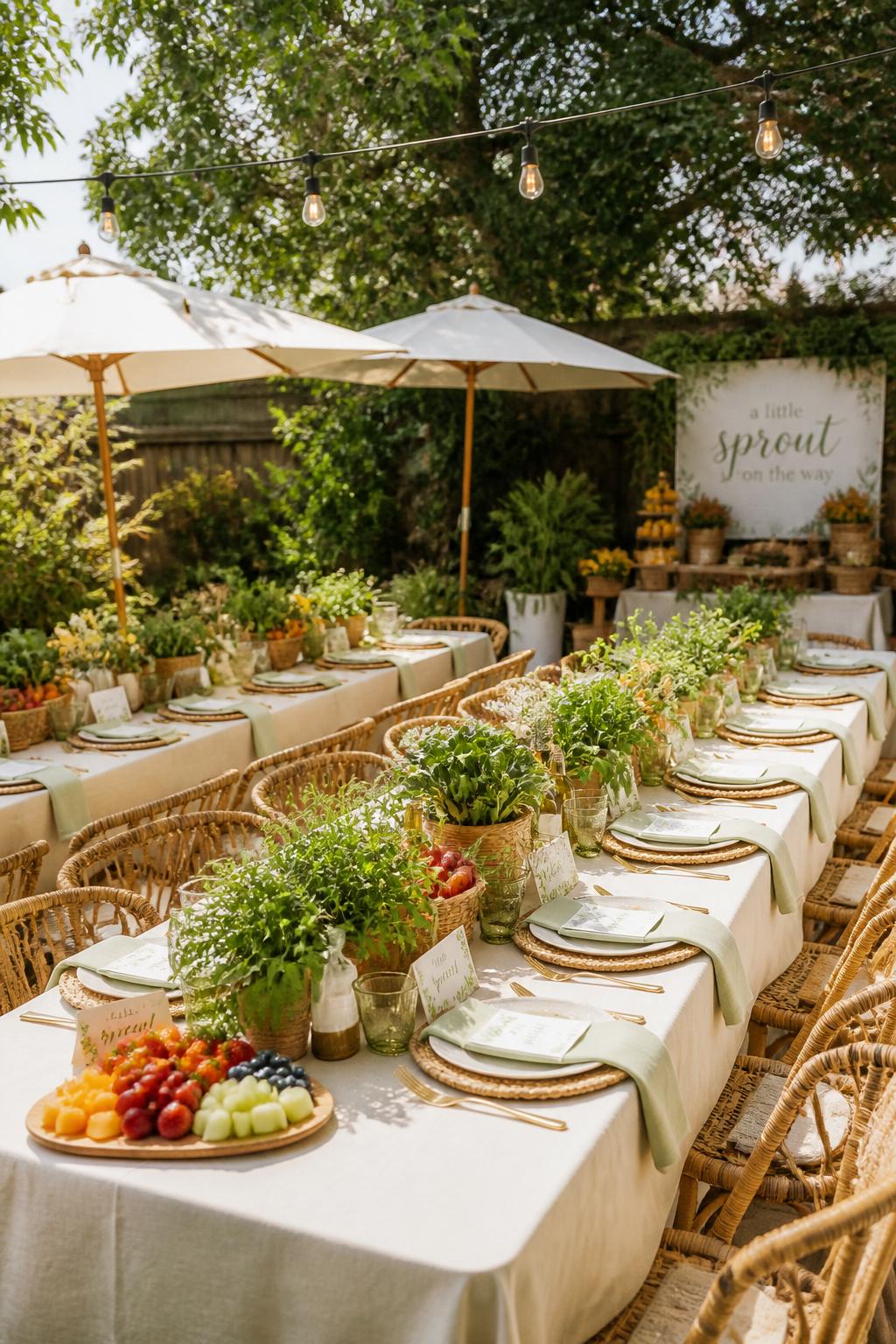 Image Prompt:
A realistic single-image backyard baby shower brunch setup with long tables under string lights, white umbrellas, fresh greenery, small vegetable and herb centerpieces, woven chairs, cream linens, fruit platters, garden-inspired place cards, soft sage and yellow decor accents, no people, no faces, warm daylight, editorial outdoor party photography, natural textures, realistic setting, no watermarks on images