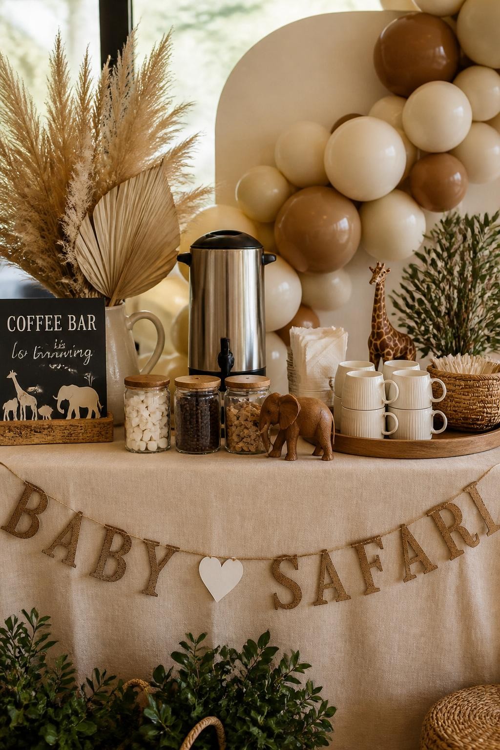 A realistic DSLR photo of a neutral safari baby shower coffee bar, beige linen tablecloth, coffee urn, cream mugs, glass jars of sugar cubes and coffee beans, small giraffe and elephant decor pieces, woven baskets with napkins, dried pampas grass arrangement, tan balloon garland in the background, warm natural light, stylish safari baby shower decor, no people.