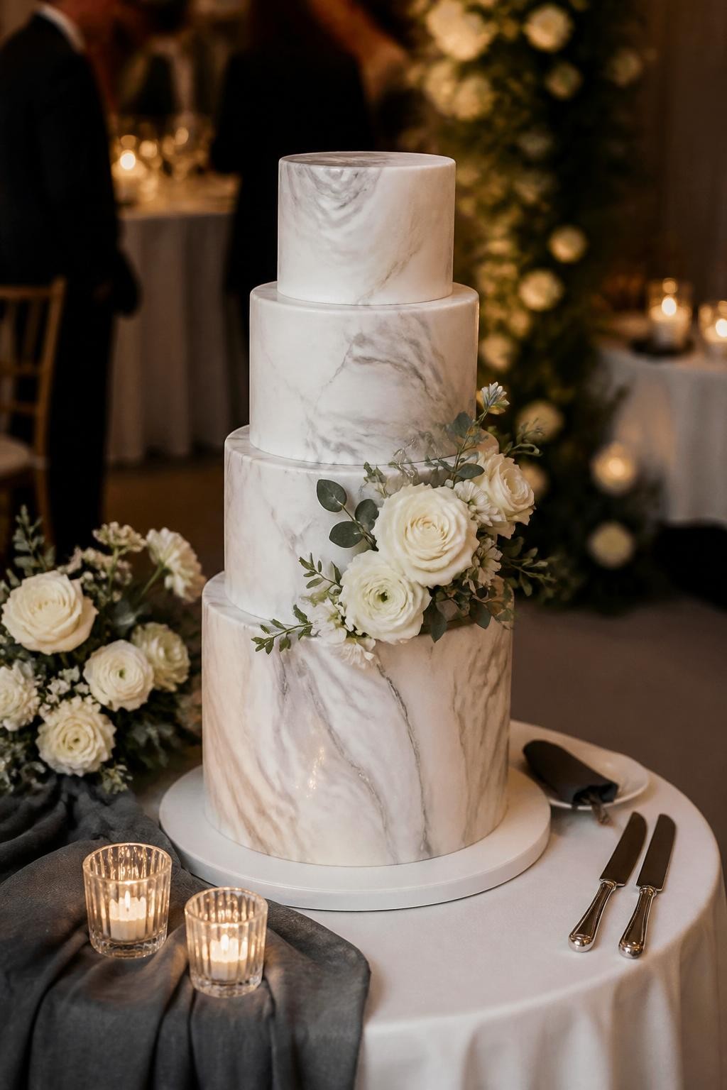 Image Prompt: Ultra-realistic wedding party scene featuring a modern wedding cake with a marble stone effect finish in soft white, gray, taupe, or beige tones. Style the cake on a sleek reception cake table with candles, contemporary florals, modern linens, and an elegant venue backdrop. Keep the cake sharply focused with the background softly blurred. No visible faces. If guests appear, show only side silhouettes, cropped figures from the neck down, hands near the table, or back views. Realistic marbled icing texture, clean design, natural wedding lighting, high-end DSLR realism. (no watermarks on images)