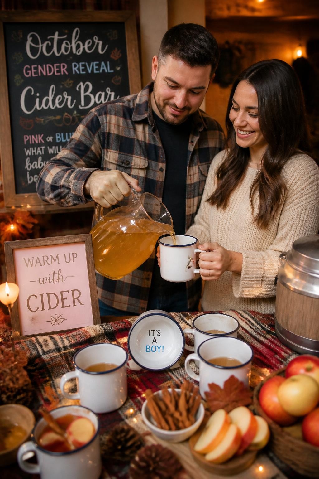 A realistic editorial photo of an October gender reveal cider bar, enamel mugs, cinnamon sticks, apple slices, glass cider pitcher, cozy plaid textiles, parents pouring cider into one special mug that reveals a hidden color message at the bottom, warm party lighting, DSLR food and lifestyle photography