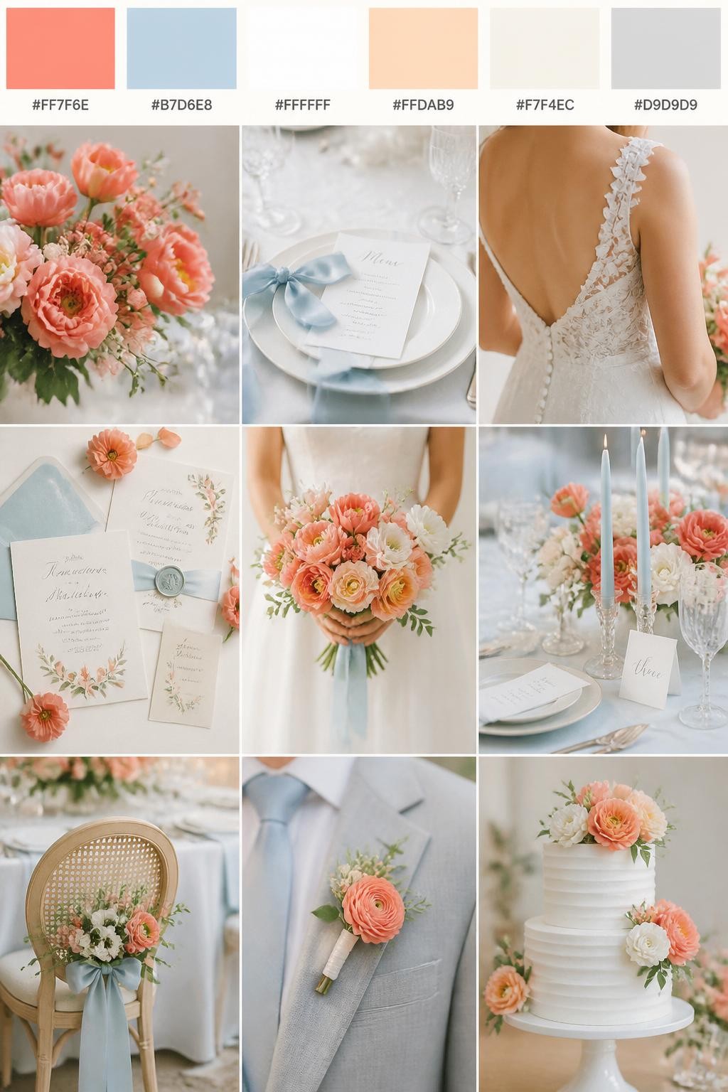 Image Prompt:
A realistic wedding inspiration collage with a top color strip showing hex-coded swatches in soft coral, pale blue, white, peach, ivory, and soft gray. Below the palette strip, create a realistic wedding mood board with coral flowers, pale blue ribbon details, white linens, invitation flat lays, cropped dress detail shots, hands holding a bouquet, and no-people decor scenes in soft natural light. Use back views, side views, shoulder-down crops, and detail-only shots so no full faces are visible. The mood should feel fresh, cute, romantic, and polished with DSLR-style realism. 9:16 vertical format. (no watermarks on images)